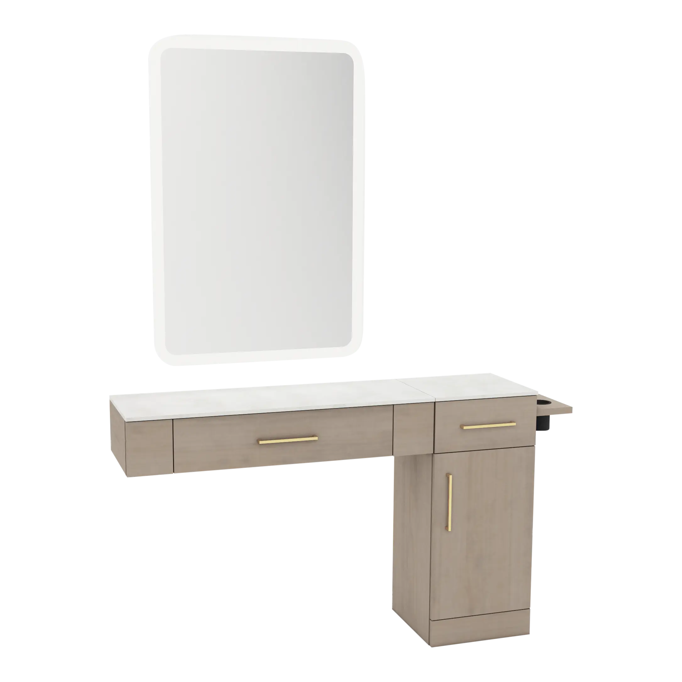 Nova Combo Wall Mount Styling Station with Side-Mount Appliance Holder, Solid Surface Countertop, and White Rectangle Illuminate Back Lit Mirror