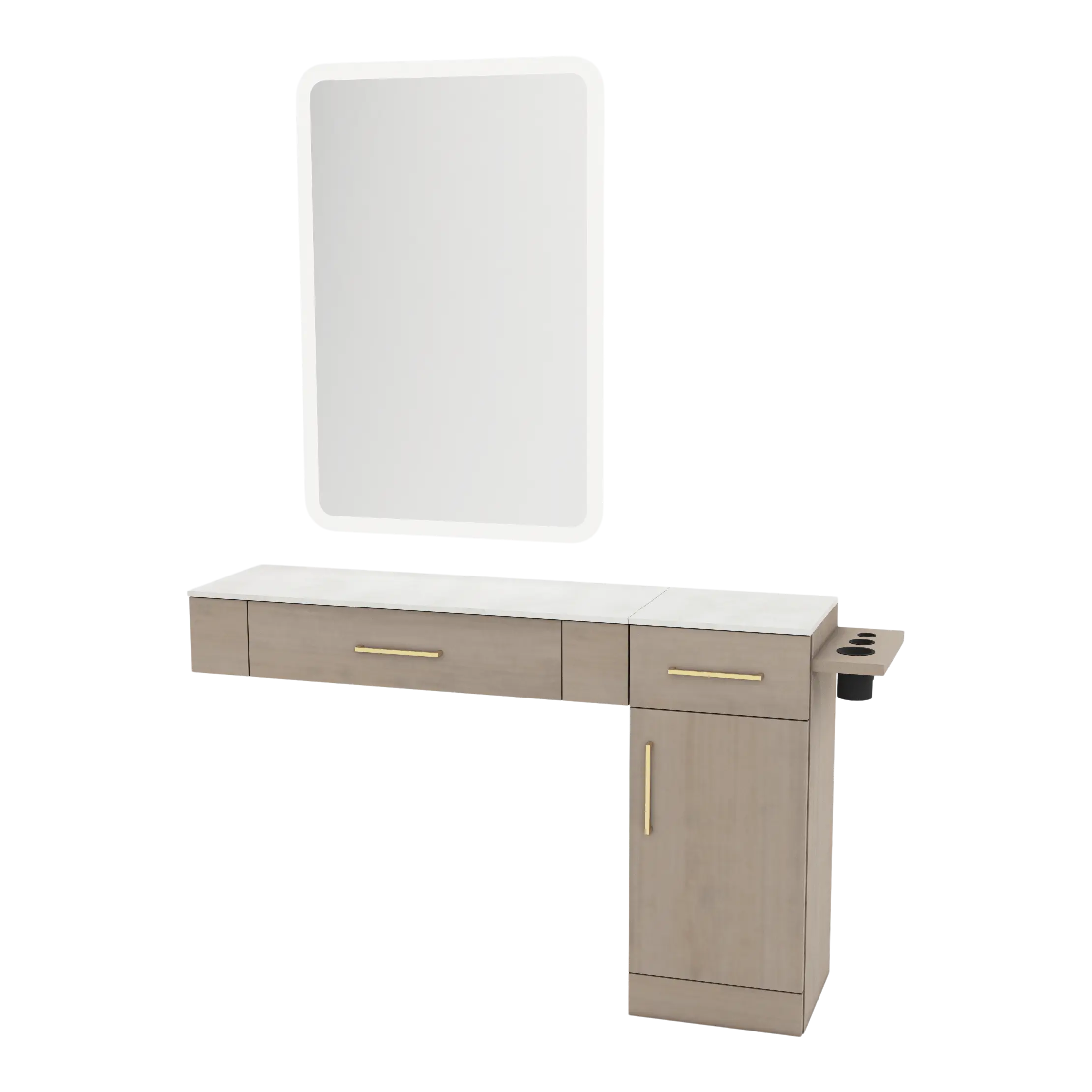 Nova Combo Wall Mount Styling Station with Side-Mount Appliance Holder, Solid Surface Countertop, and White Rectangle Illuminate Back Lit Mirror