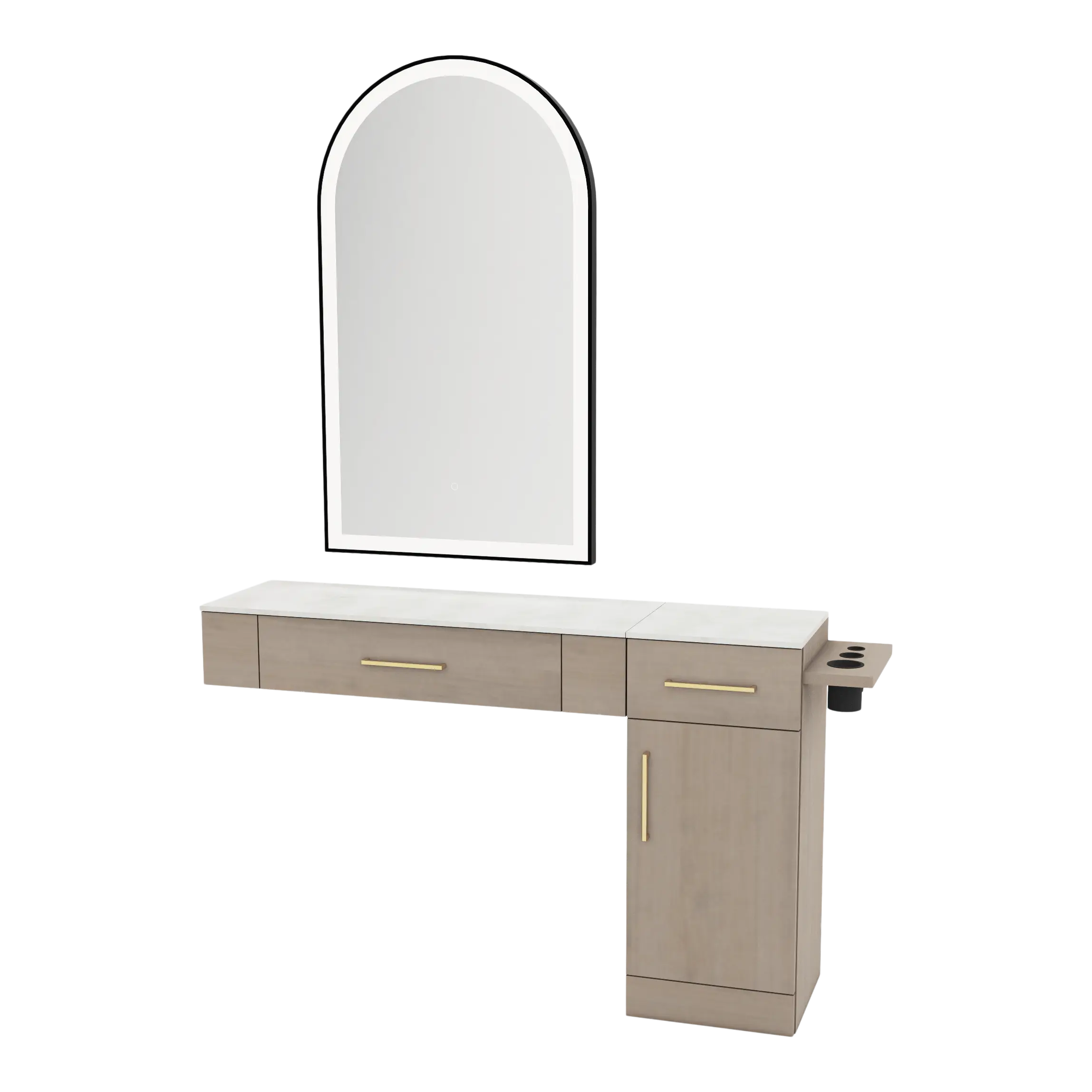 Nova Combo Wall Mount Styling Station with Side-Mount Appliance Holder, Solid Surface Countertop, and Black Arch Paloma Mirror
