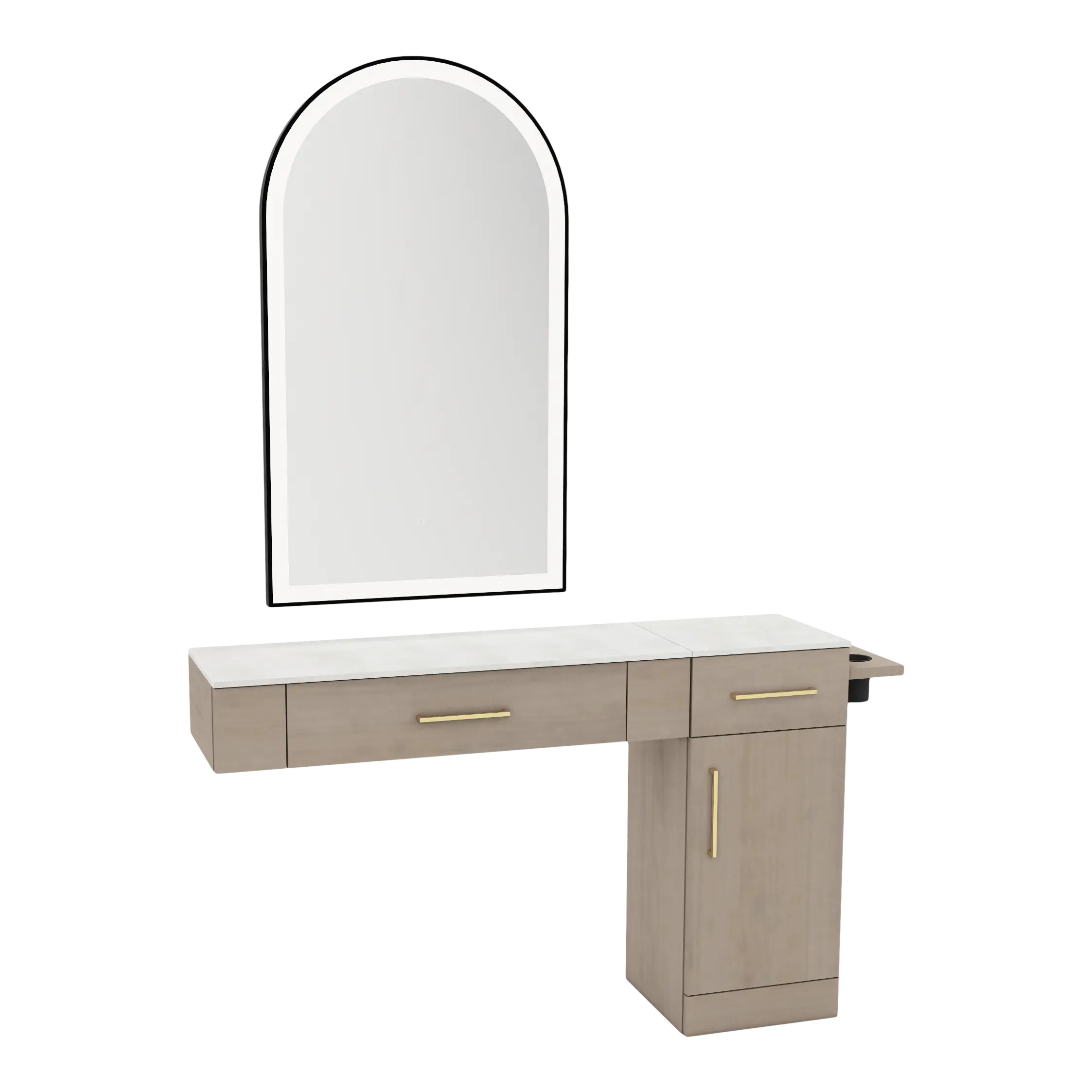 Nova Combo Wall Mount Styling Station with Side-Mount Appliance Holder, Solid Surface Countertop, and Black Arch Paloma Mirror