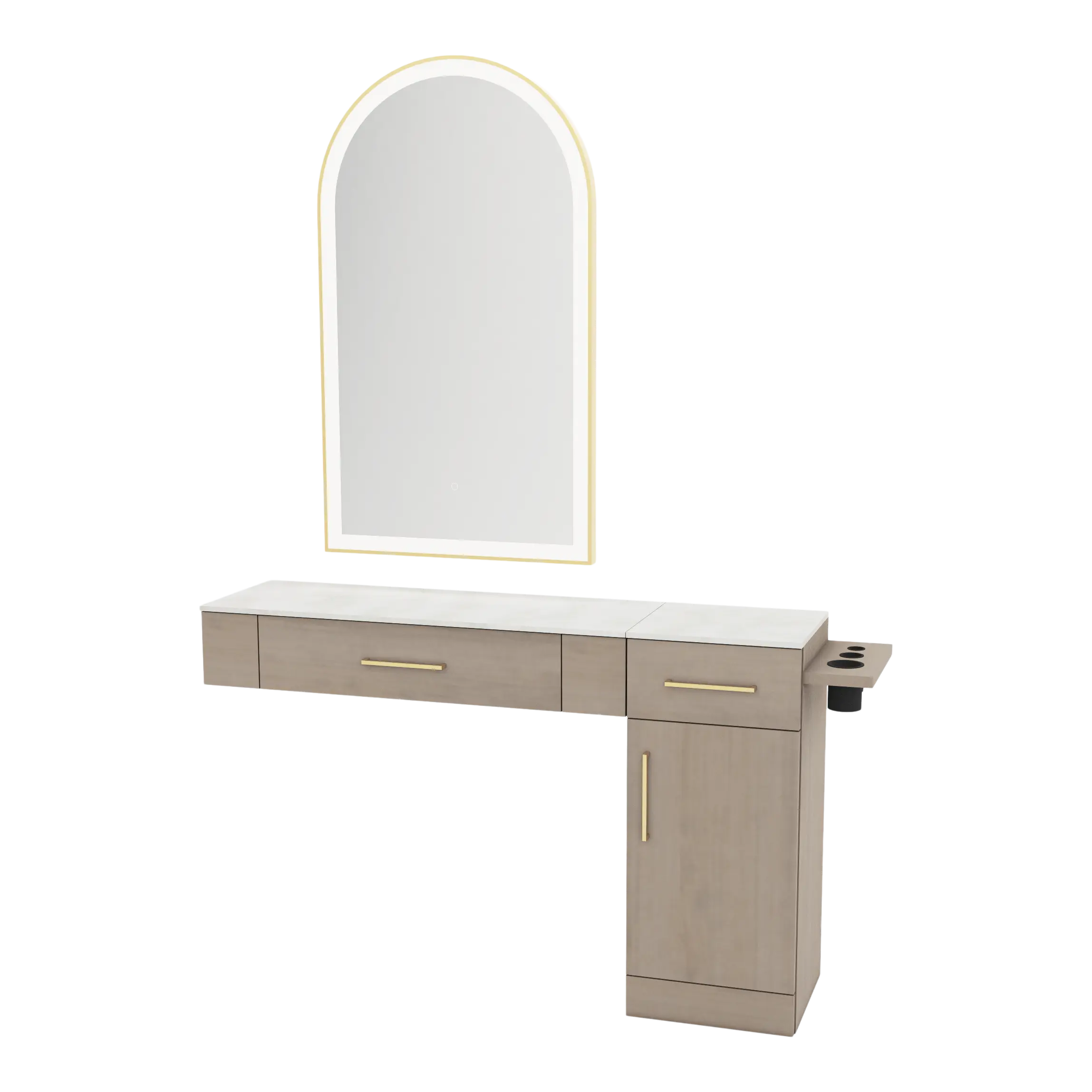 Nova Combo Wall Mount Styling Station with Side-Mount Appliance Holder, Solid Surface Countertop, and Gold Arch Paloma Mirror