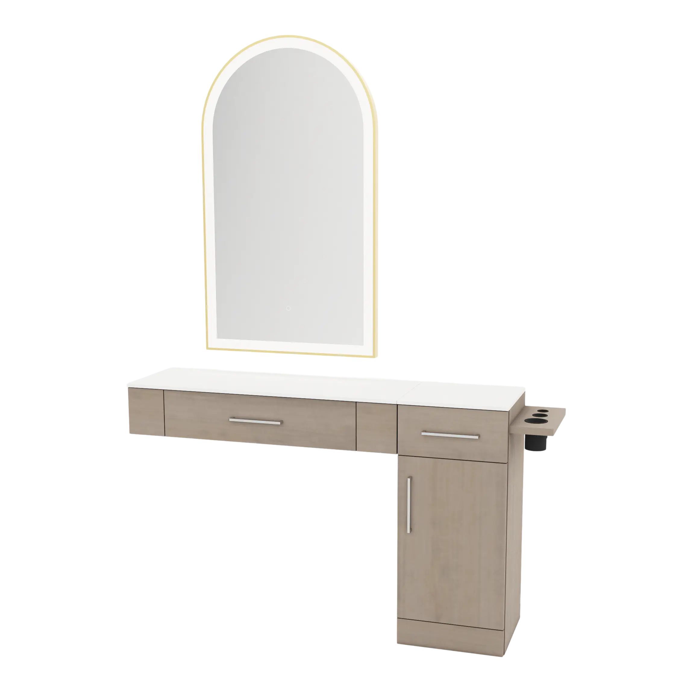 Nova Combo Wall Mount Styling Station with Side-Mount Appliance Holder, Solid Surface Countertop, and Gold Arch Paloma Mirror