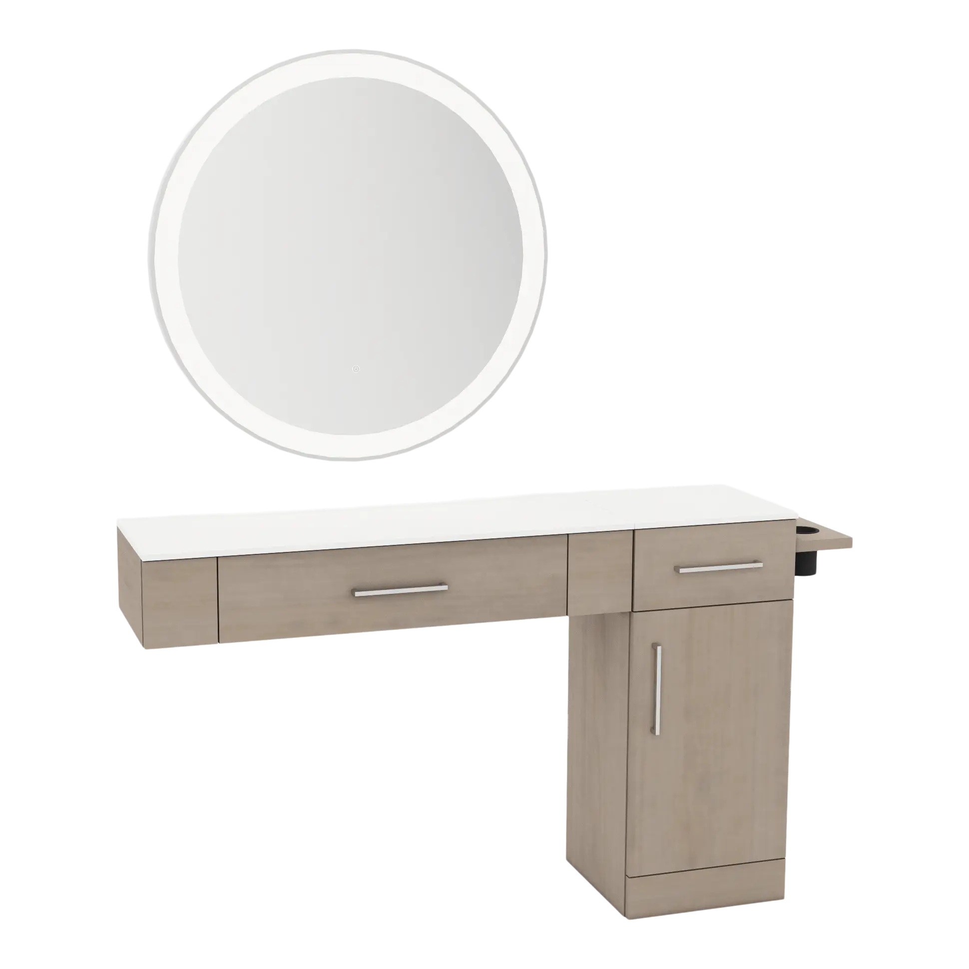 Nova Combo Wall Mount Styling Station with Side-Mount Appliance Holder, Solid Surface Countertop, and Silver Round Glo Mirror