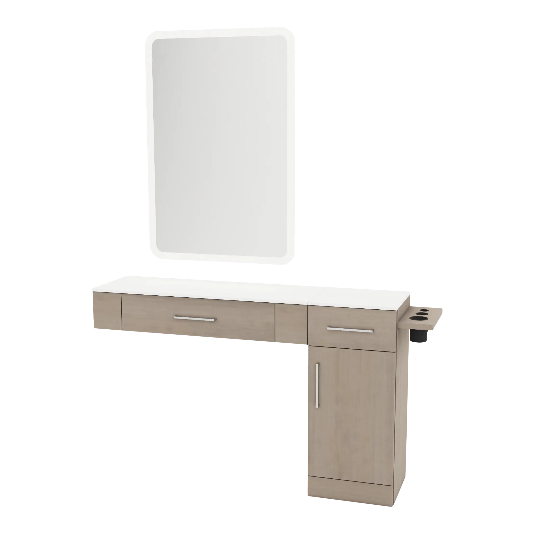 Nova Combo Wall Mount Styling Station with Side-Mount Appliance Holder, Solid Surface Countertop, and White Rectangle Illuminate Back Lit Mirror