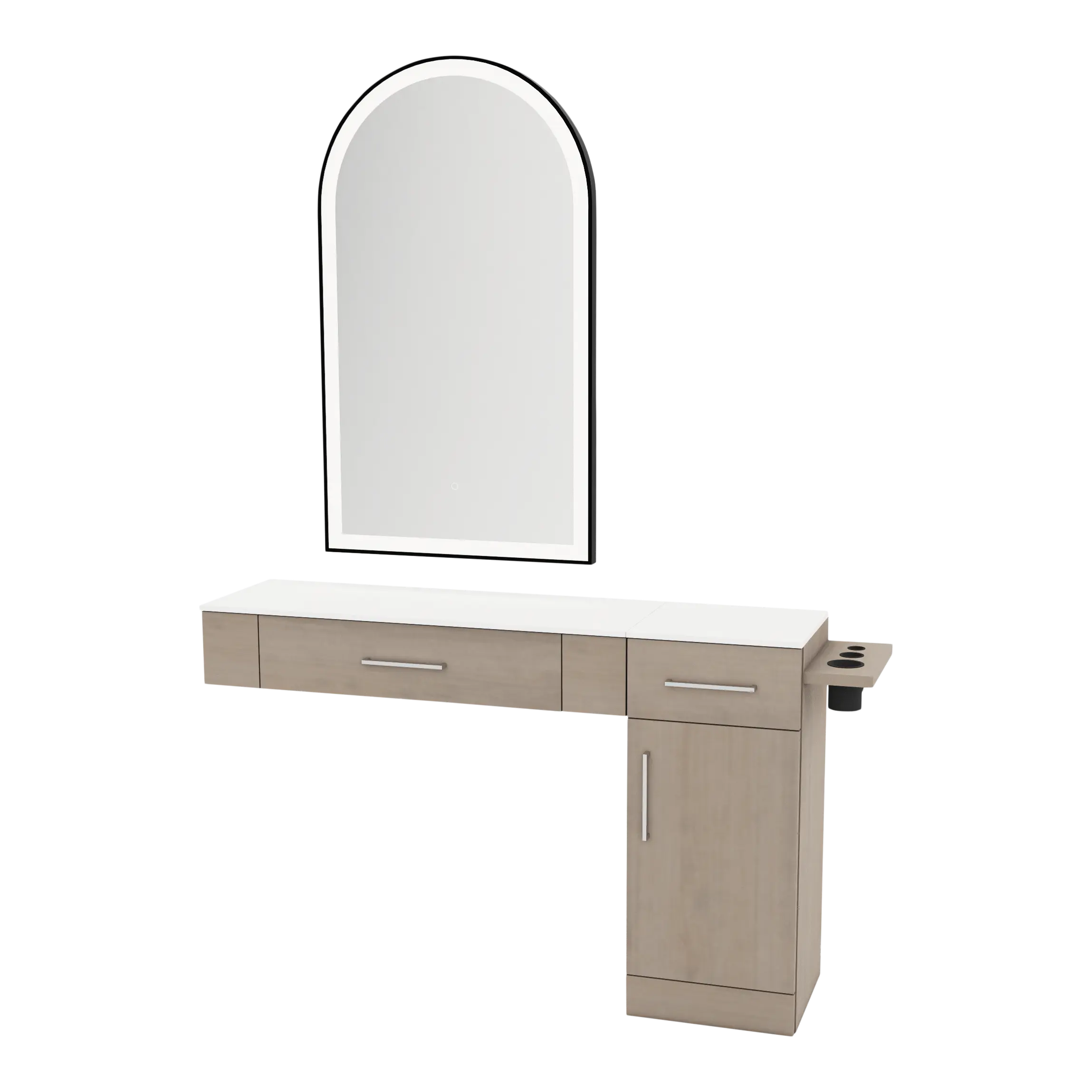 Nova Combo Wall Mount Styling Station with Side-Mount Appliance Holder, Solid Surface Countertop, and Black Arch Paloma Mirror