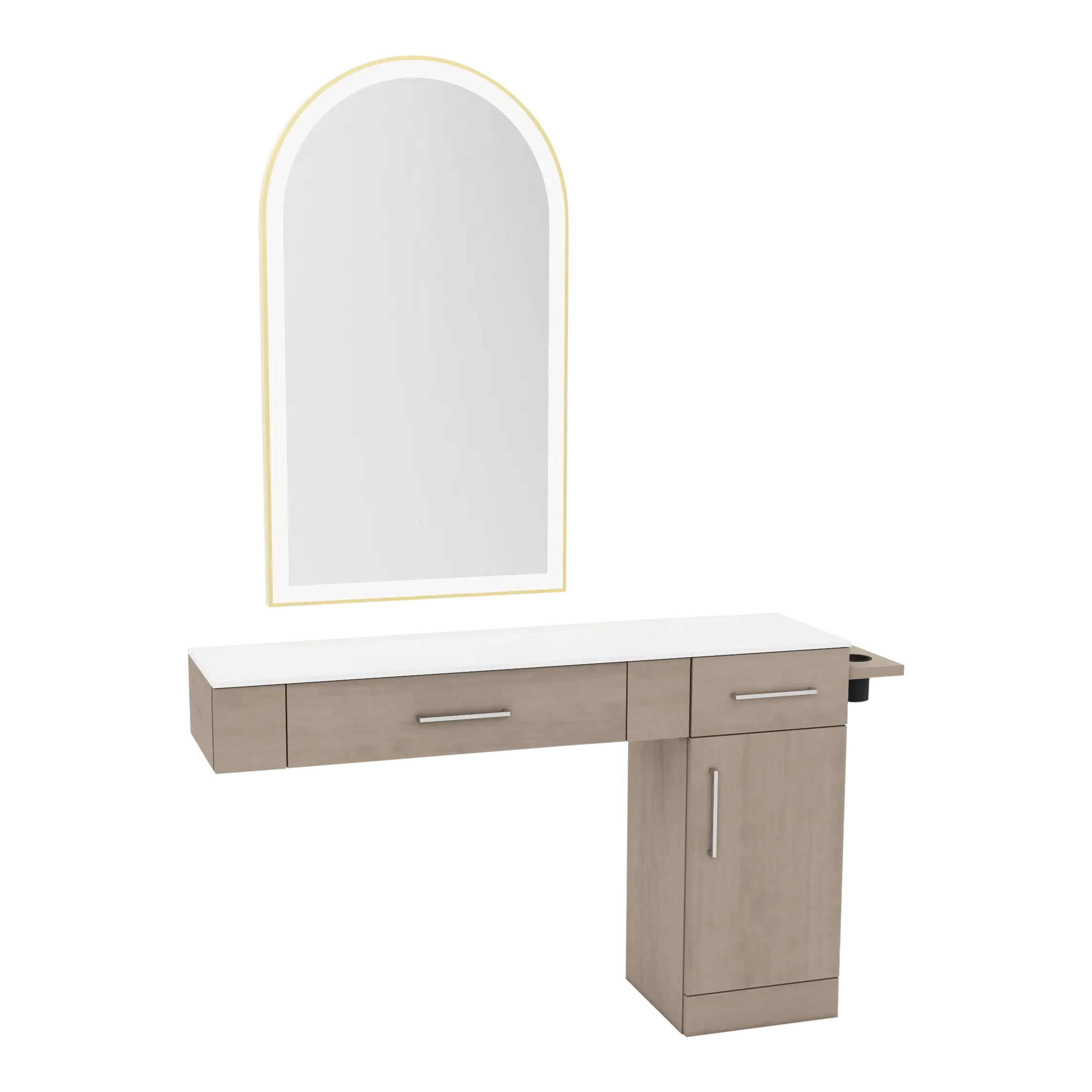 Nova Combo Wall Mount Styling Station with Side-Mount Appliance Holder, Solid Surface Countertop, and Gold Arch Paloma Mirror