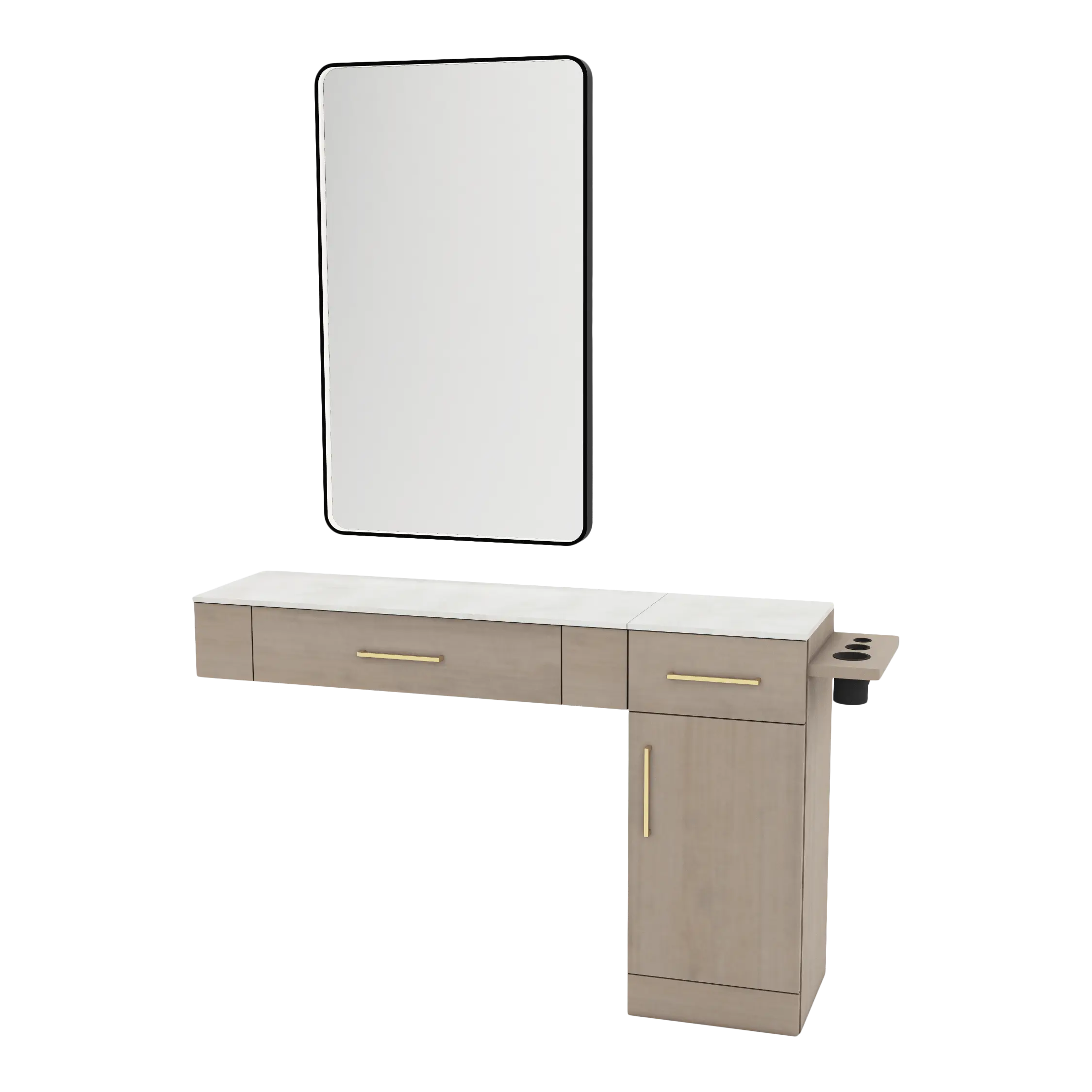 Nova Combo Wall Mount Styling Station with Side-Mount Appliance Holder, Solid Surface Countertop, and Black Rectangle Westin Mirror