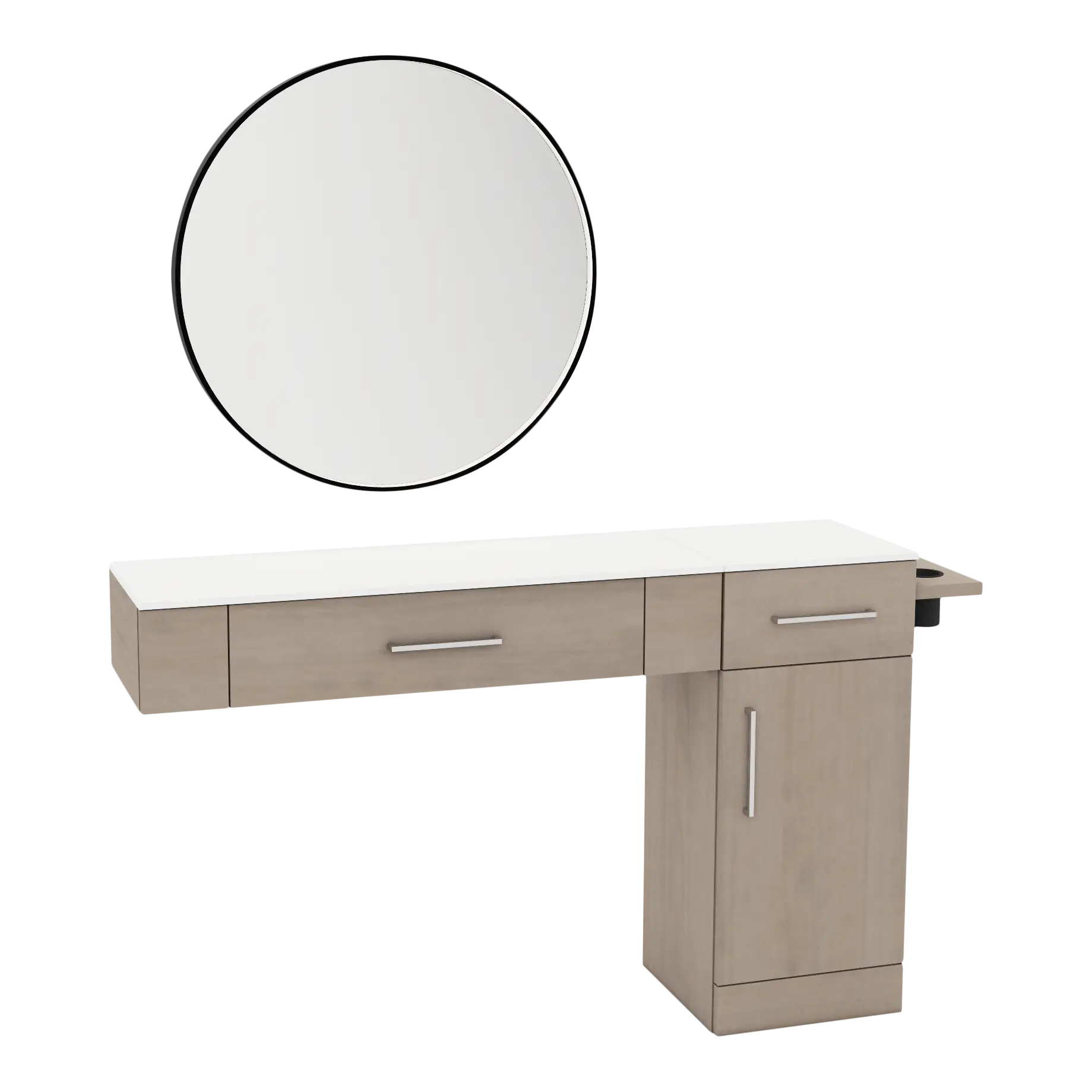 Nova Combo Wall Mount Styling Station with Side-Mount Appliance Holder, Solid Surface Countertop, and Black Round Westin Mirror