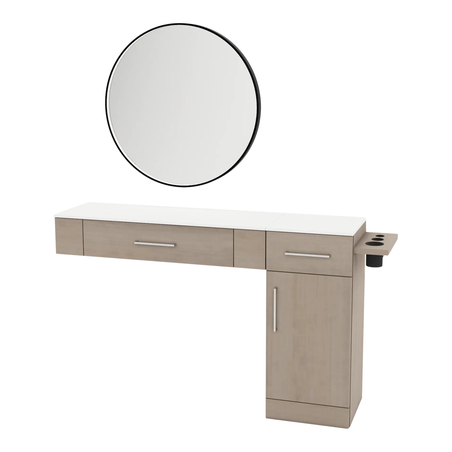 Nova Combo Wall Mount Styling Station with Side-Mount Appliance Holder, Solid Surface Countertop, and Black Round Westin Mirror