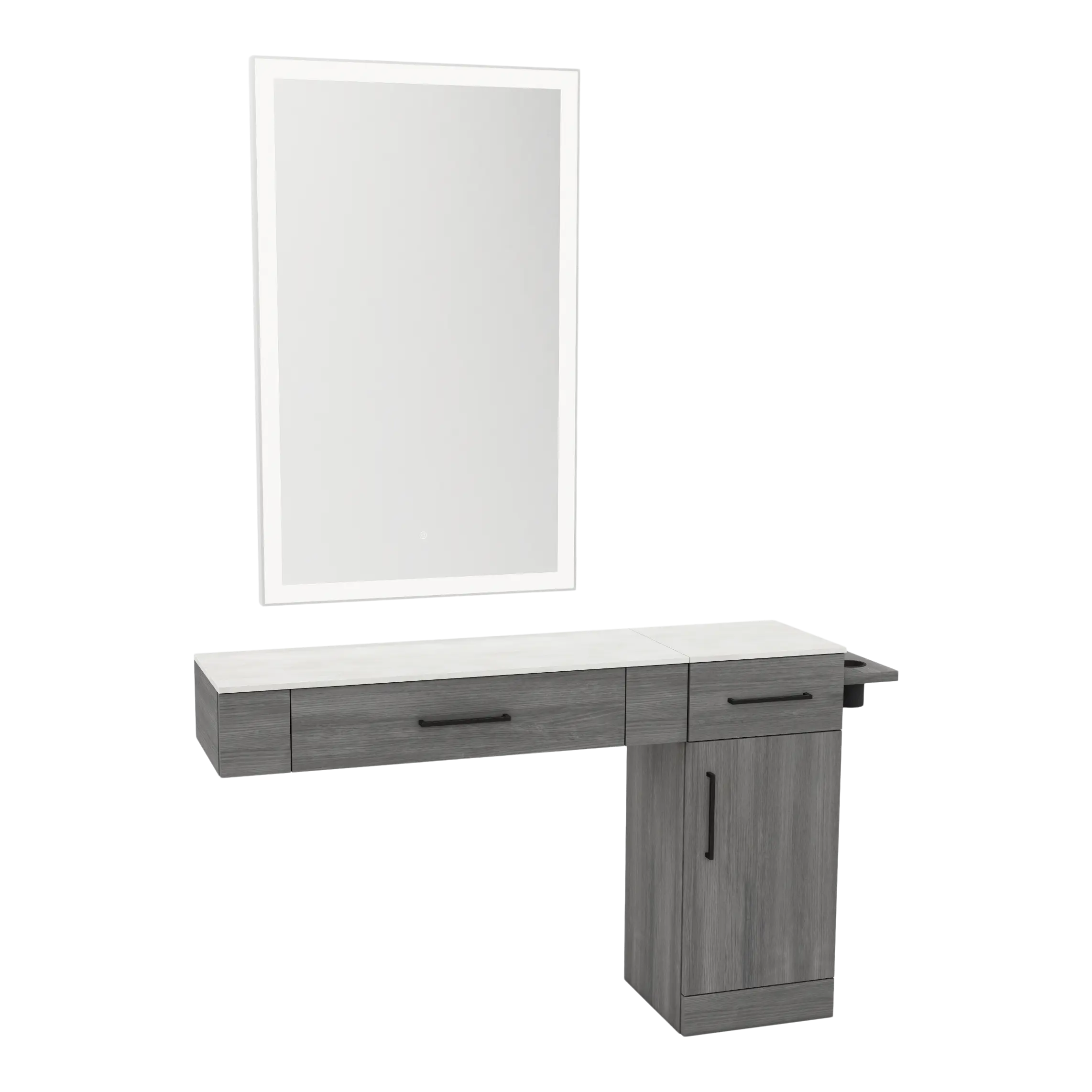 Nova Combo Wall Mount Styling Station with Side-Mount Appliance Holder, Solid Surface Countertop, and Silver Rectangle Glo Mirror