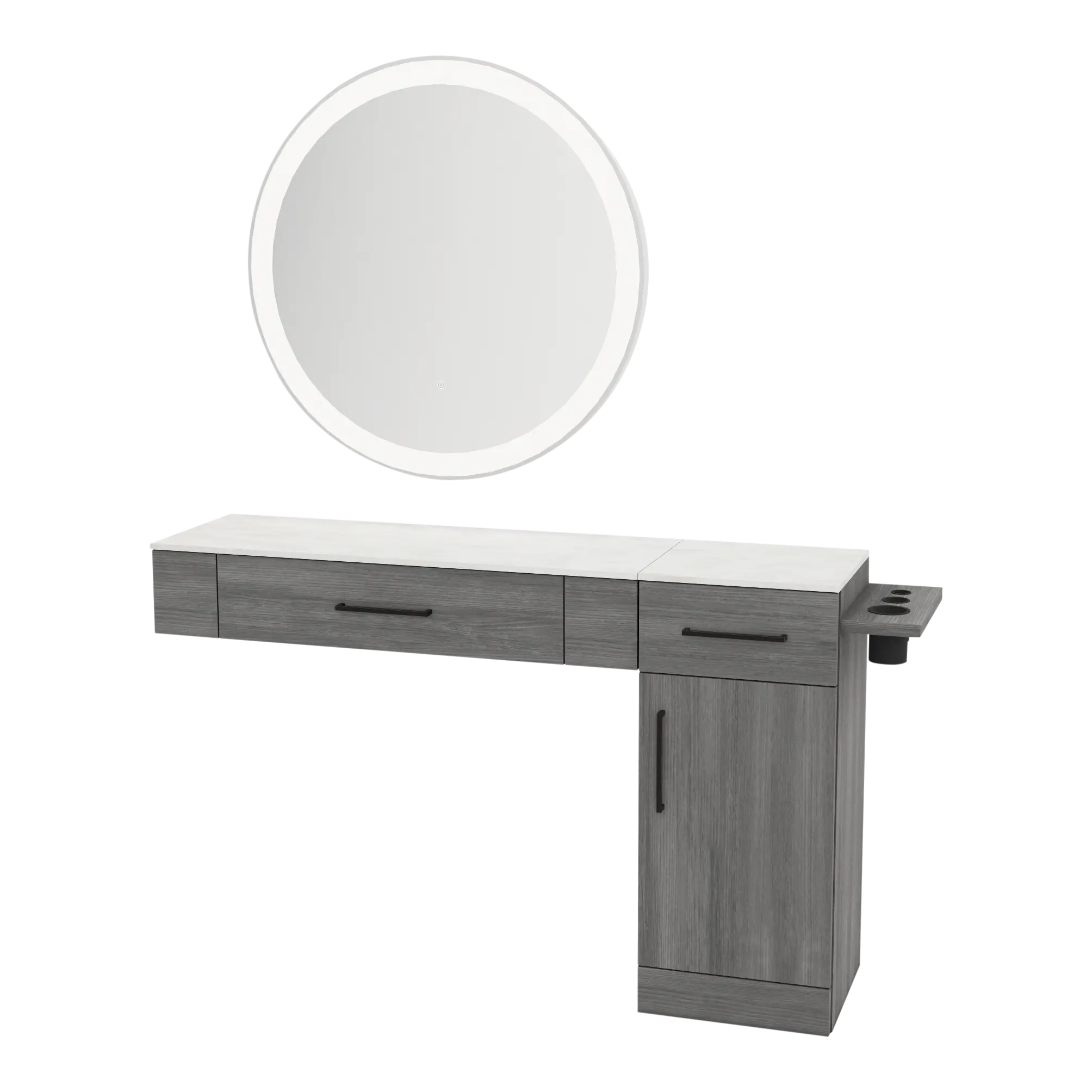 Nova Combo Wall Mount Styling Station with Side-Mount Appliance Holder, Solid Surface Countertop, and Silver Round Glo Mirror