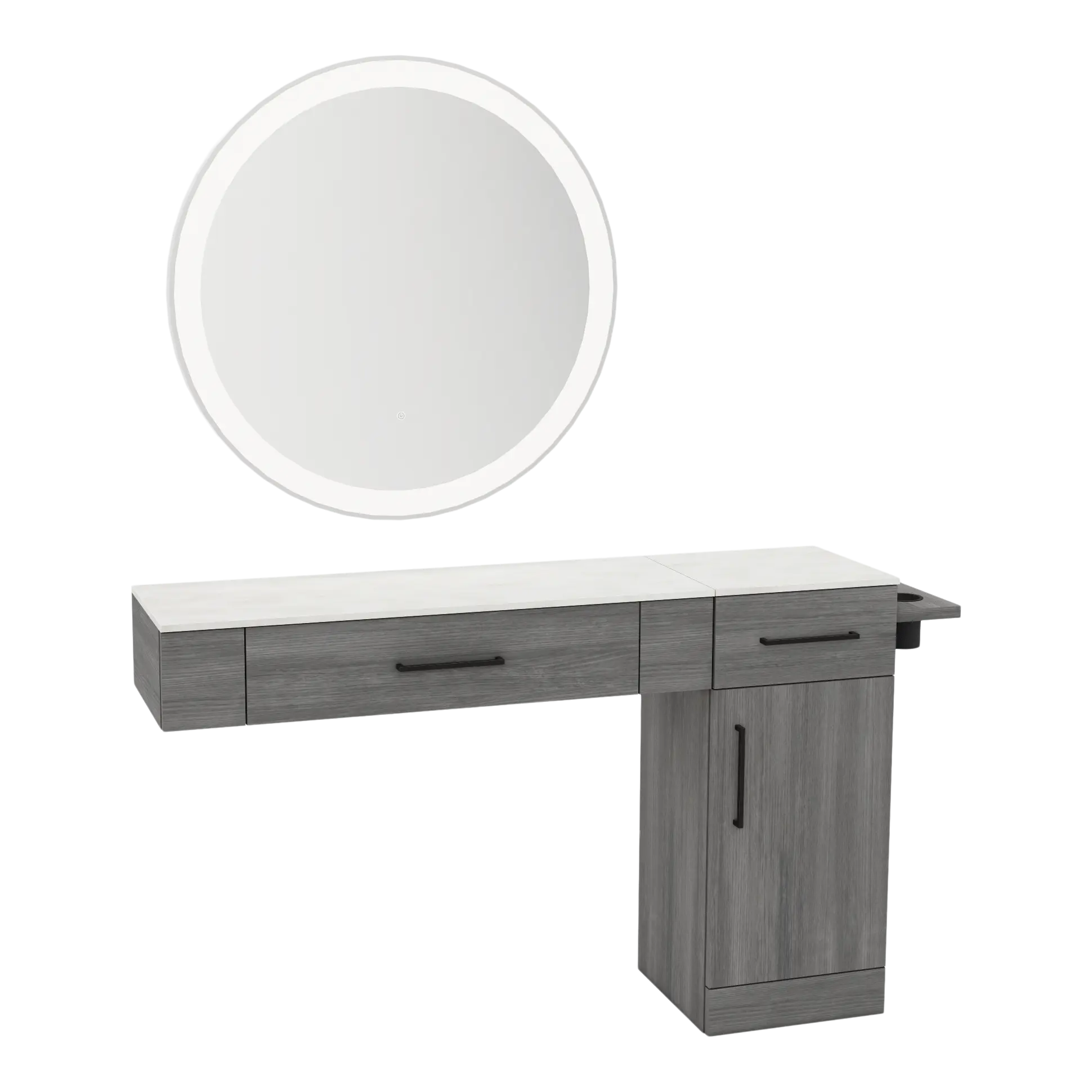 Nova Combo Wall Mount Styling Station with Side-Mount Appliance Holder, Solid Surface Countertop, and Silver Round Glo Mirror