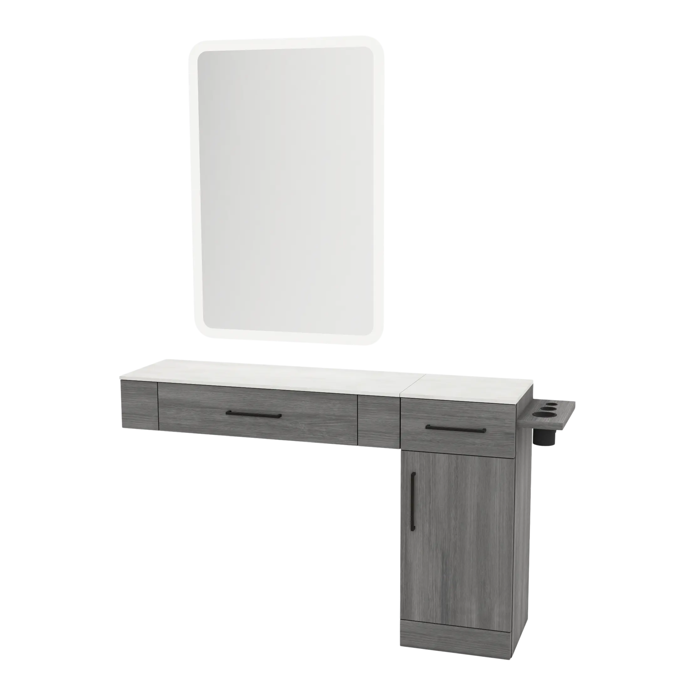 Nova Combo Wall Mount Styling Station with Side-Mount Appliance Holder, Solid Surface Countertop, and White Rectangle Illuminate Back Lit Mirror