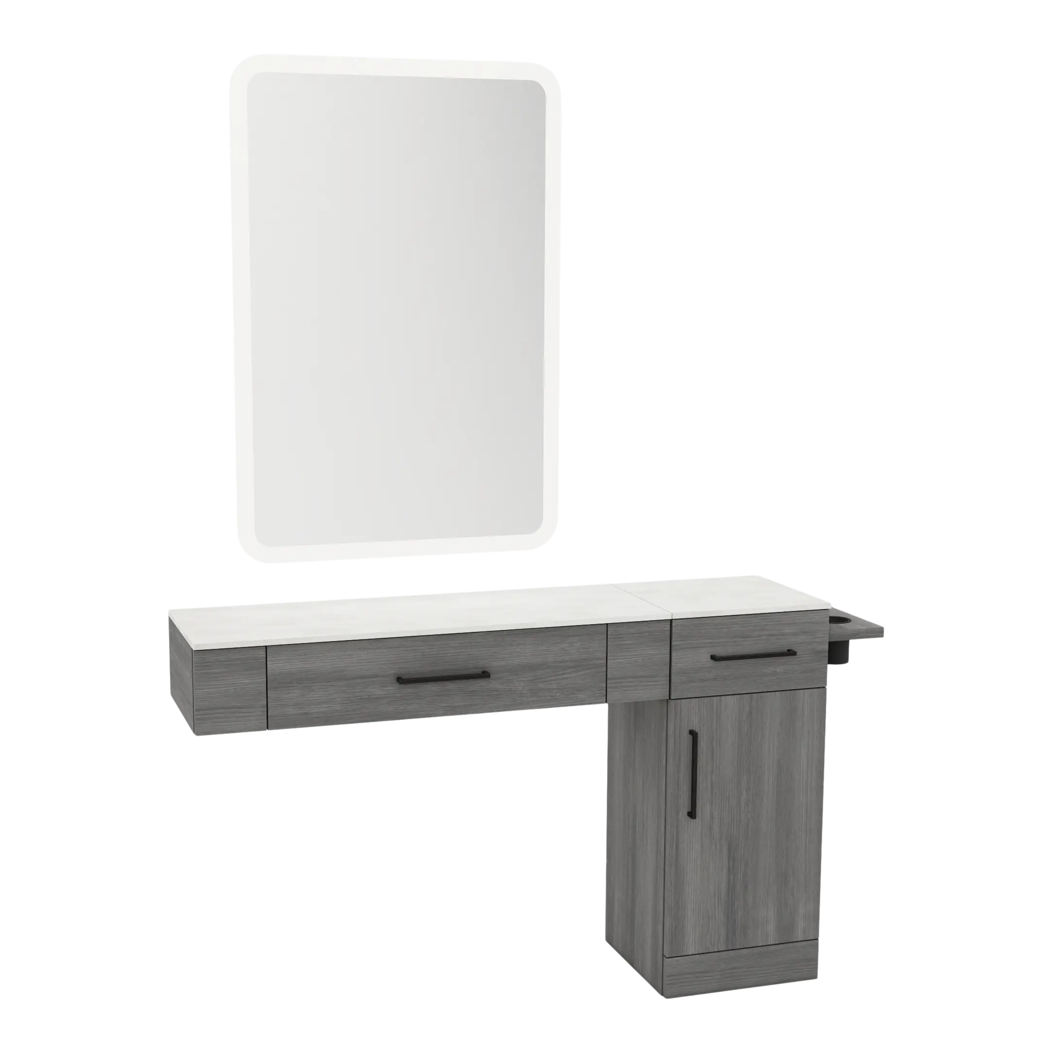 Nova Combo Wall Mount Styling Station with Side-Mount Appliance Holder, Solid Surface Countertop, and White Rectangle Illuminate Back Lit Mirror