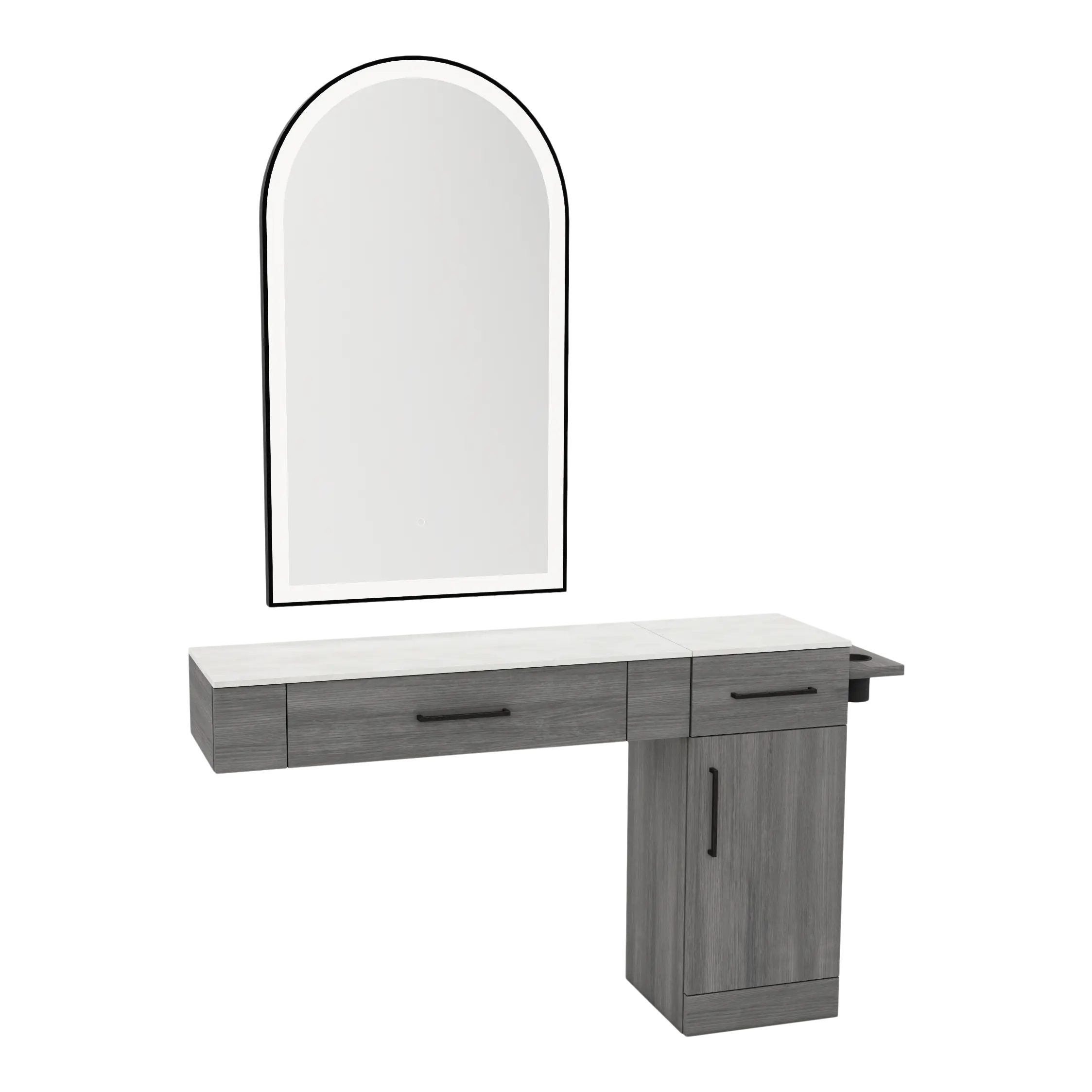 Nova Combo Wall Mount Styling Station with Side-Mount Appliance Holder, Solid Surface Countertop, and Black Arch Paloma Mirror