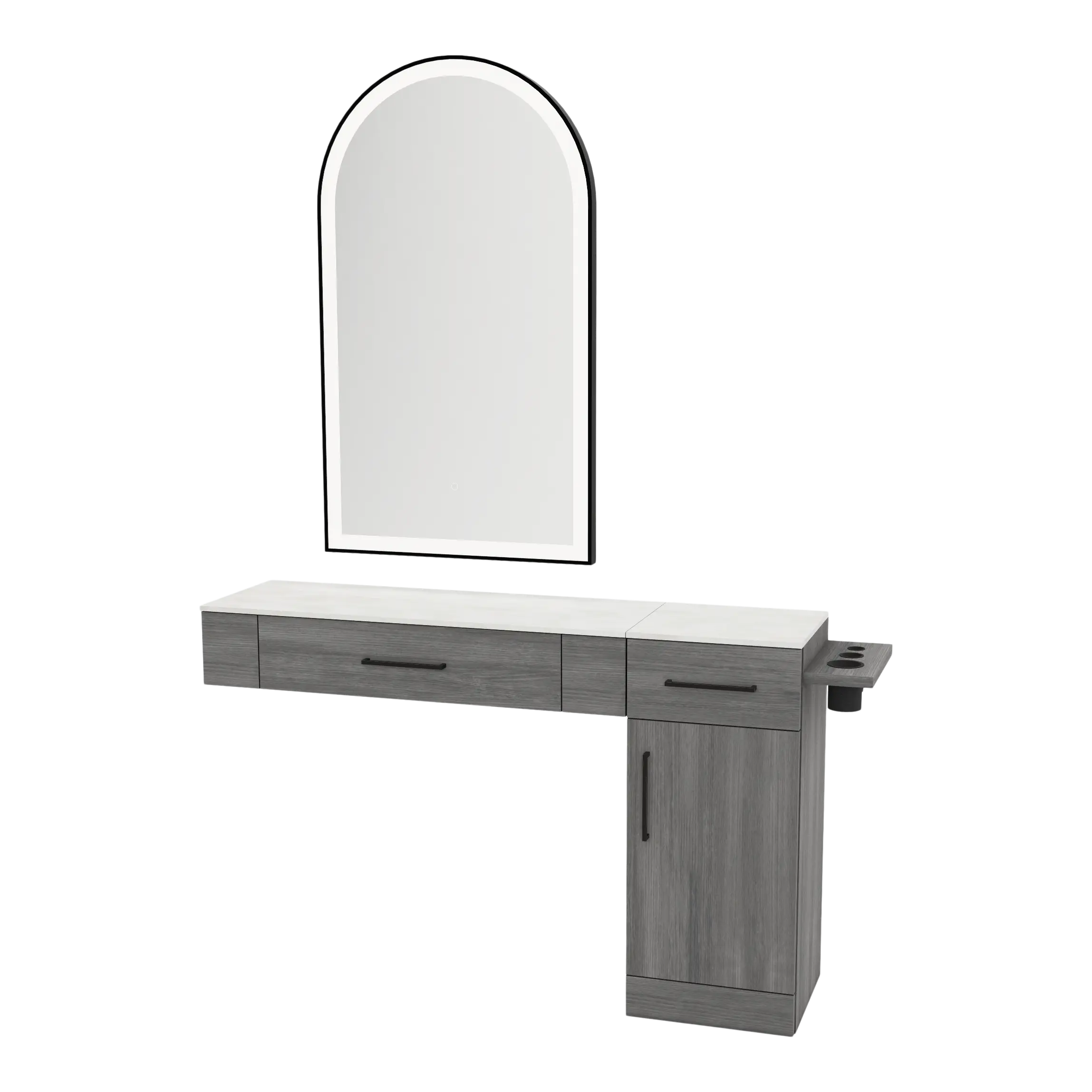 Nova Combo Wall Mount Styling Station with Side-Mount Appliance Holder, Solid Surface Countertop, and Black Arch Paloma Mirror