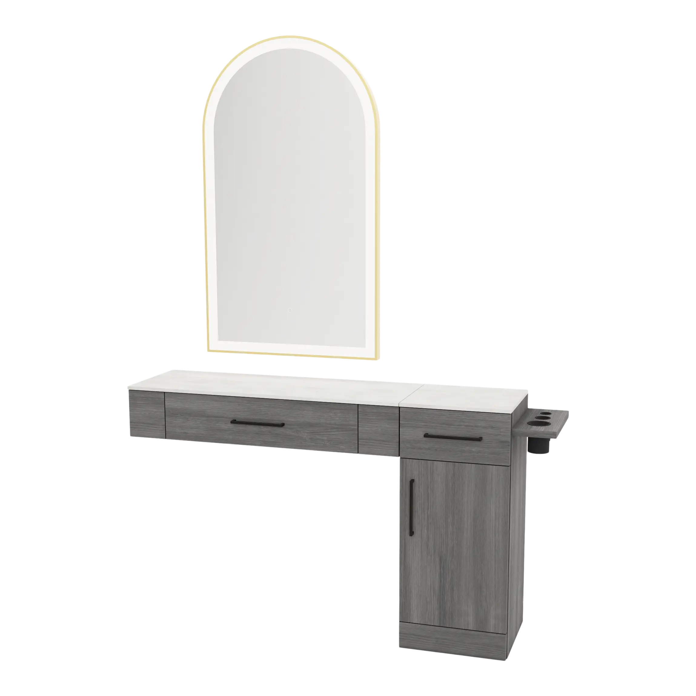 Nova Combo Wall Mount Styling Station with Side-Mount Appliance Holder, Solid Surface Countertop, and Gold Arch Paloma Mirror