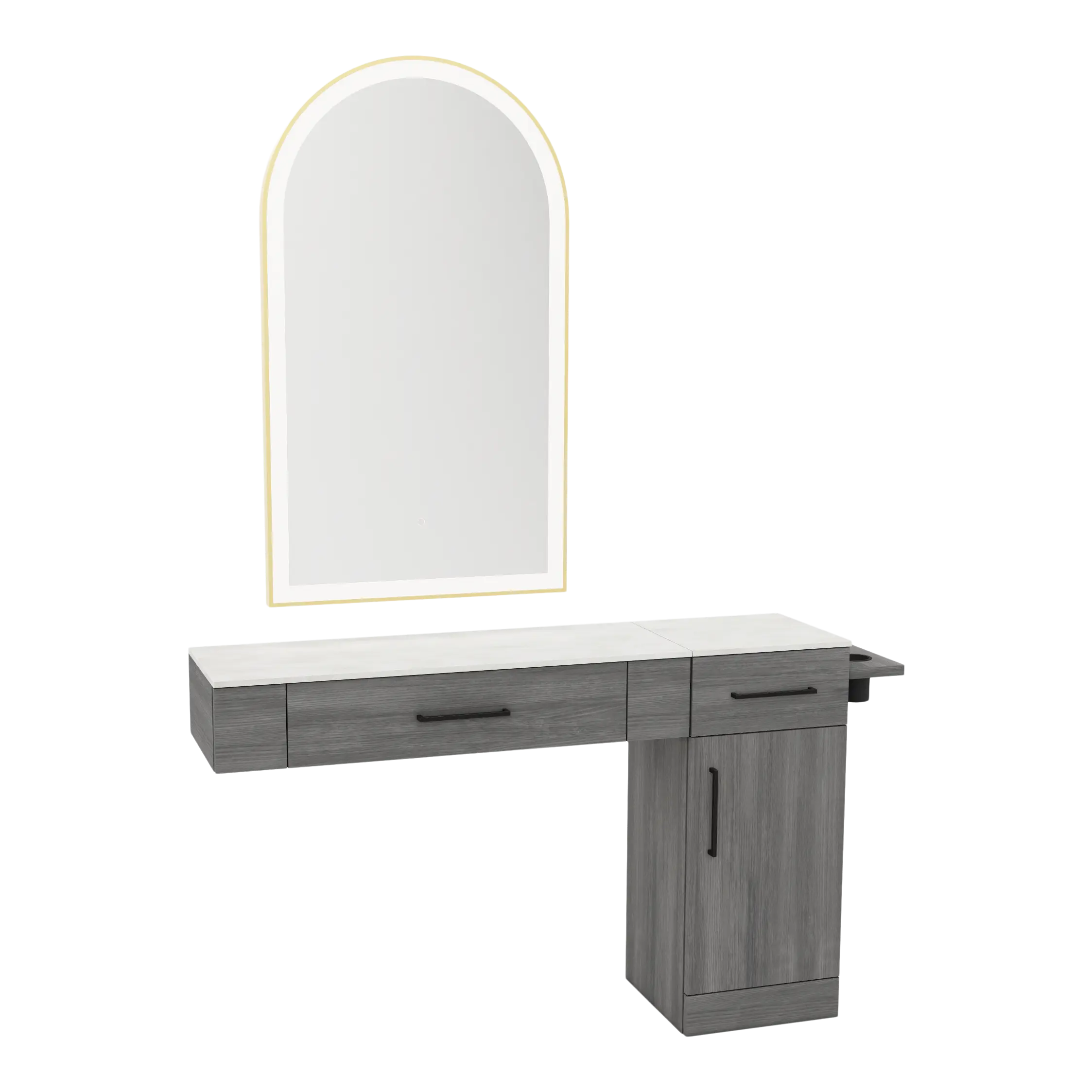 Nova Combo Wall Mount Styling Station with Side-Mount Appliance Holder, Solid Surface Countertop, and Gold Arch Paloma Mirror