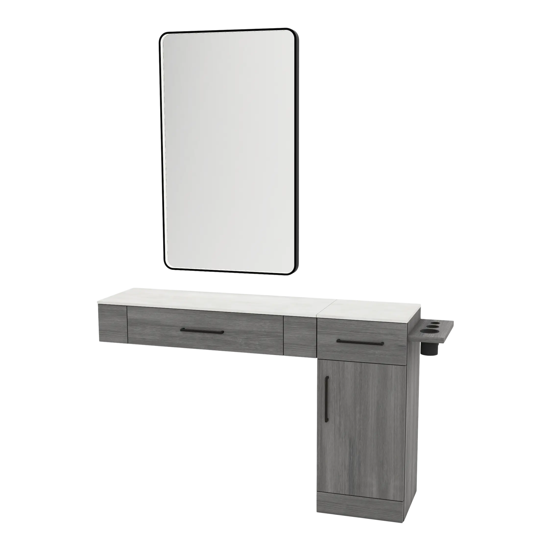 Nova Combo Wall Mount Styling Station with Side-Mount Appliance Holder, Solid Surface Countertop, and Black Rectangle Westin Mirror