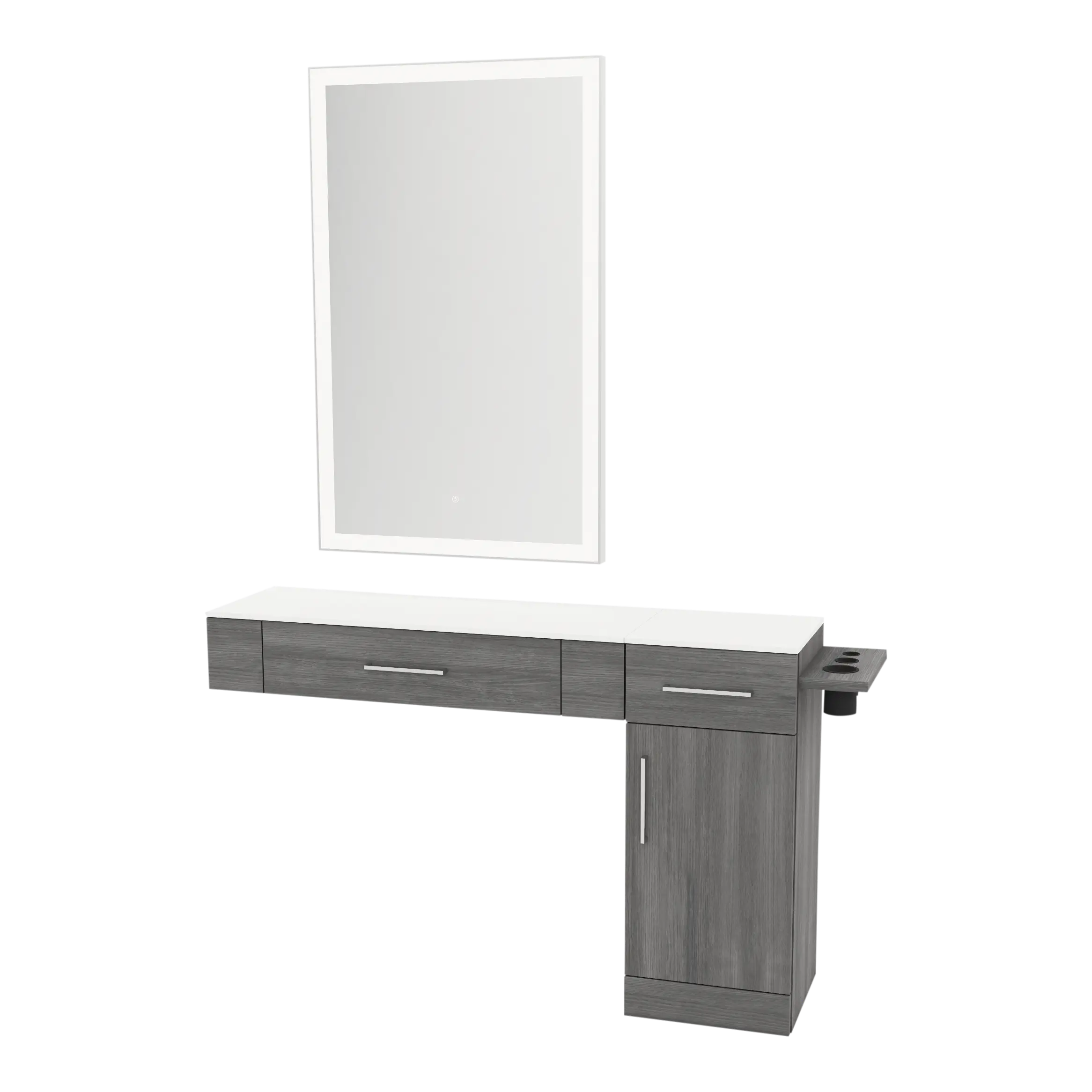Nova Combo Wall Mount Styling Station with Side-Mount Appliance Holder, Solid Surface Countertop, and Silver Rectangle Glo Mirror