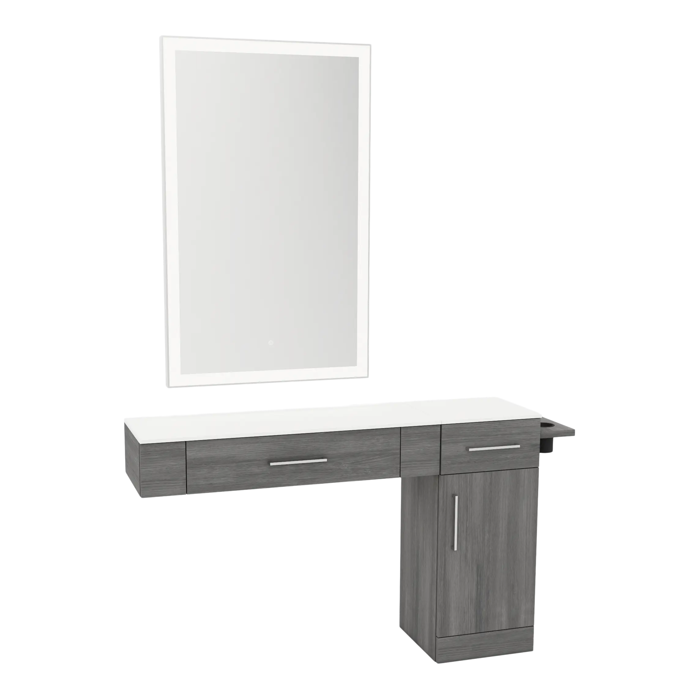 Nova Combo Wall Mount Styling Station with Side-Mount Appliance Holder, Solid Surface Countertop, and Silver Rectangle Glo Mirror