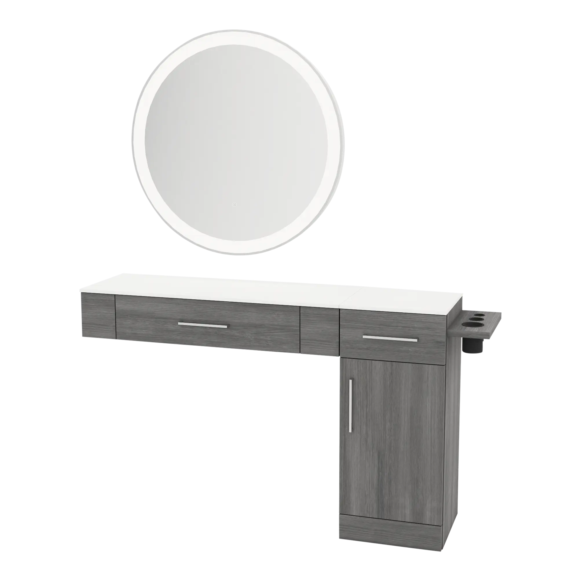 Nova Combo Wall Mount Styling Station with Side-Mount Appliance Holder, Solid Surface Countertop, and Silver Round Glo Mirror