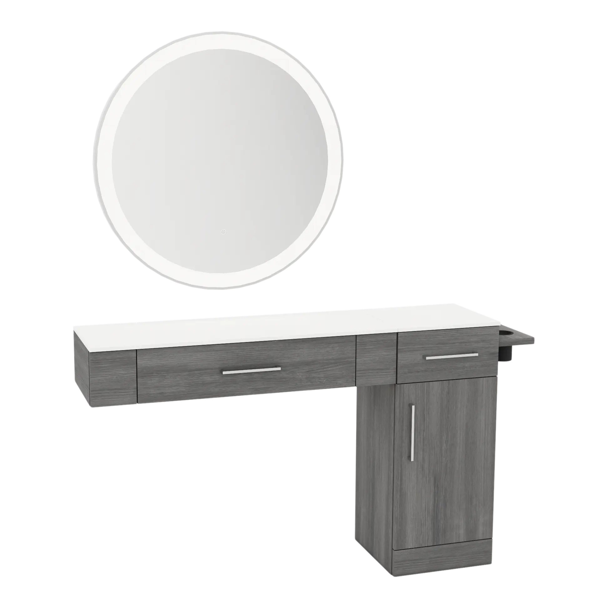 Nova Combo Wall Mount Styling Station with Side-Mount Appliance Holder, Solid Surface Countertop, and Silver Round Glo Mirror