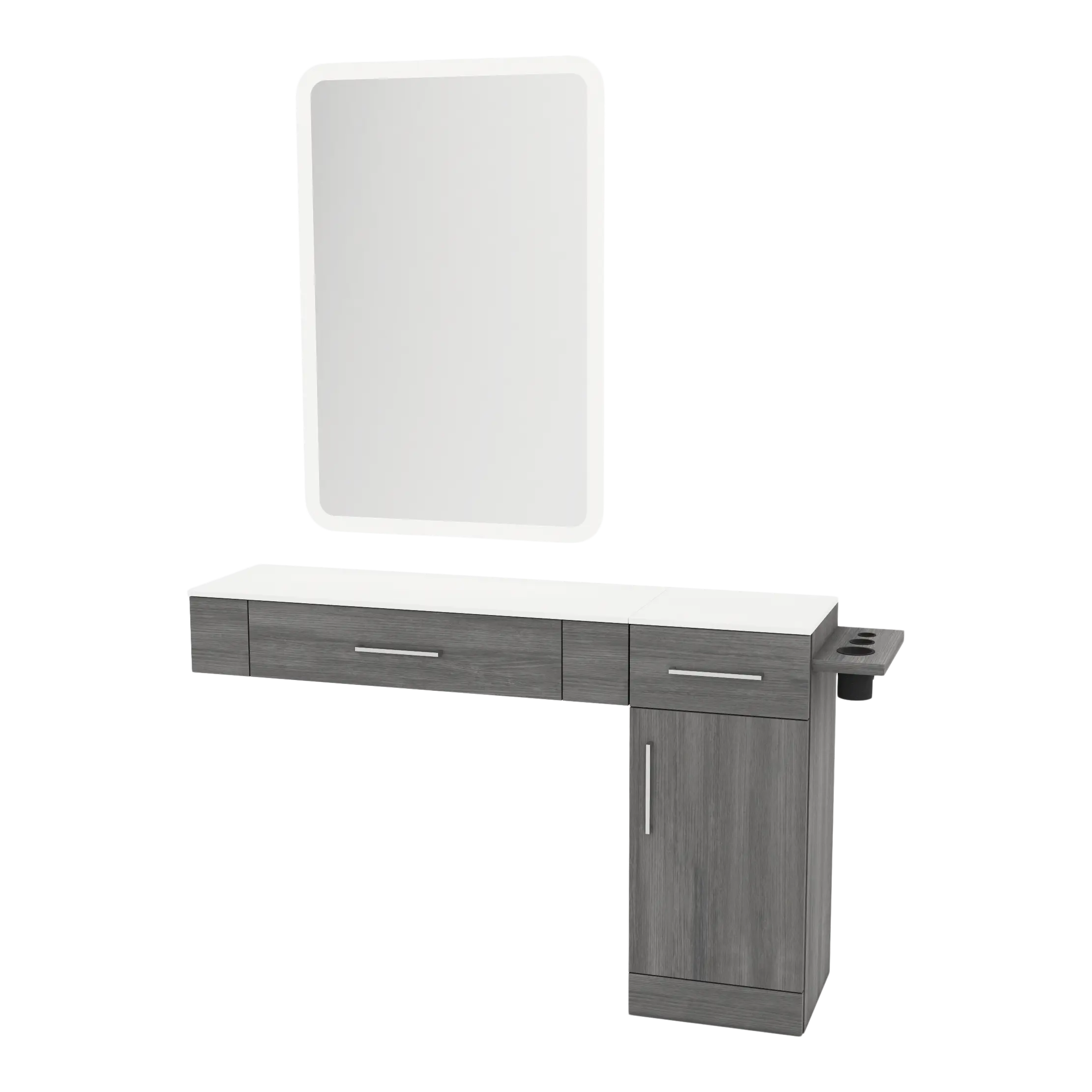Nova Combo Wall Mount Styling Station with Side-Mount Appliance Holder, Solid Surface Countertop, and White Rectangle Illuminate Back Lit Mirror