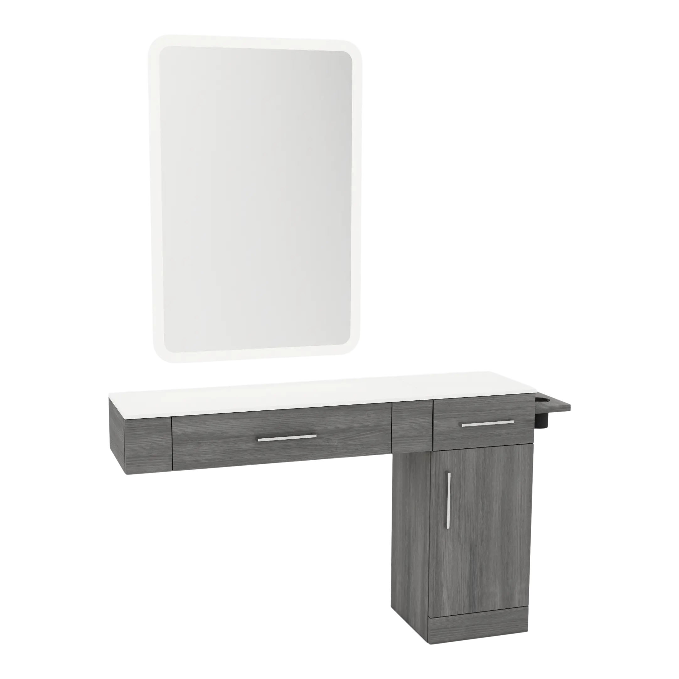 Nova Combo Wall Mount Styling Station with Side-Mount Appliance Holder, Solid Surface Countertop, and White Rectangle Illuminate Back Lit Mirror