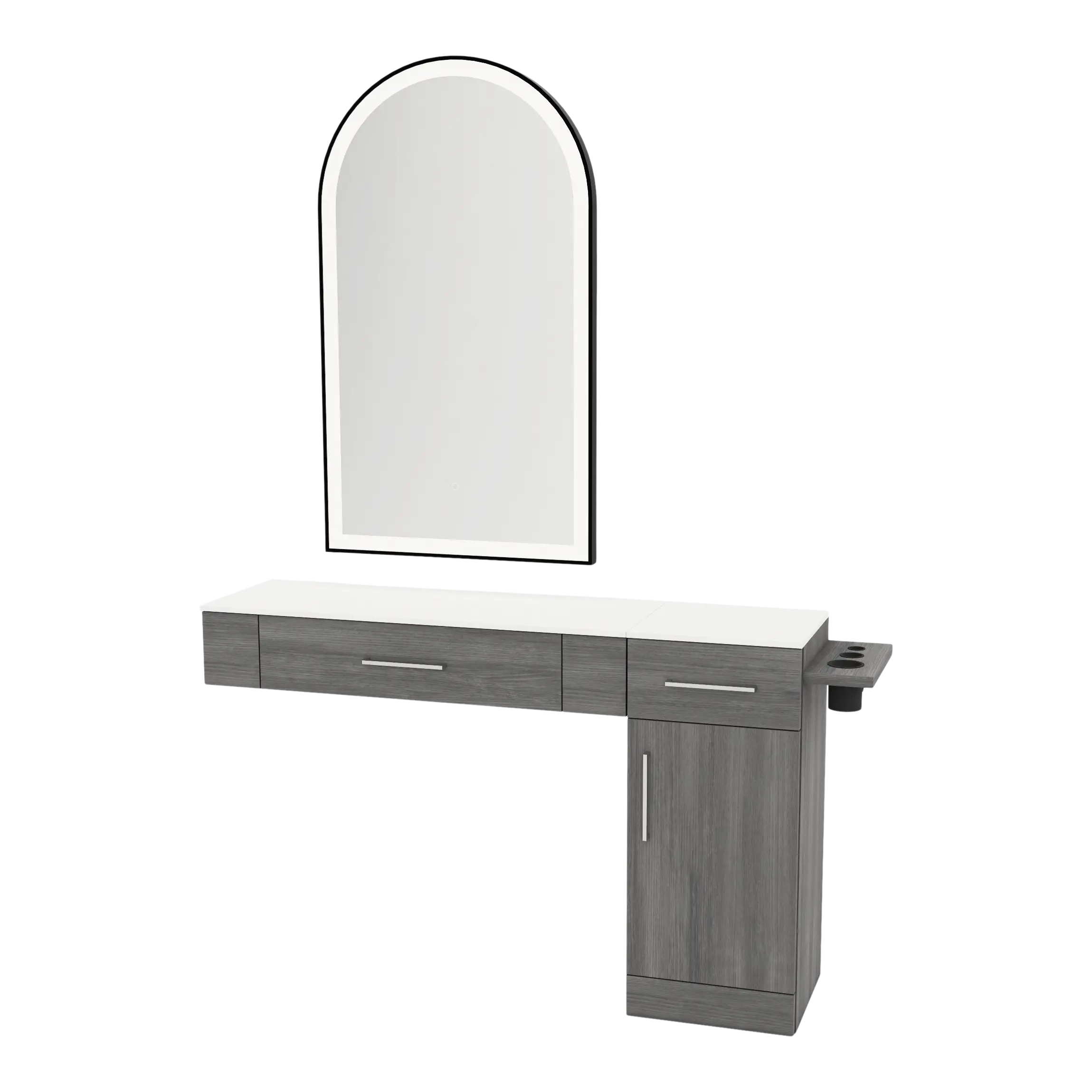 Nova Combo Wall Mount Styling Station with Side-Mount Appliance Holder, Solid Surface Countertop, and Black Arch Paloma Mirror