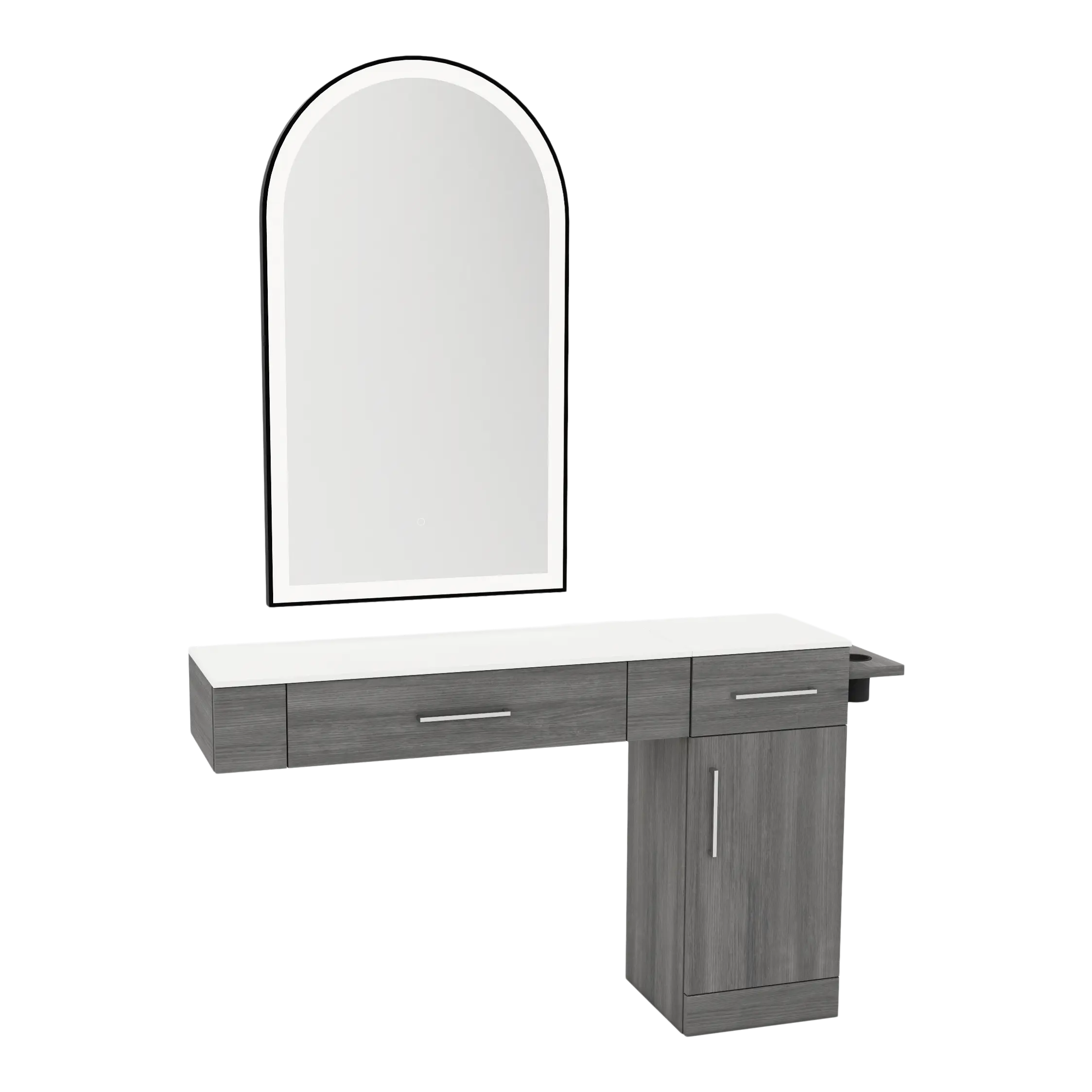 Nova Combo Wall Mount Styling Station with Side-Mount Appliance Holder, Solid Surface Countertop, and Black Arch Paloma Mirror