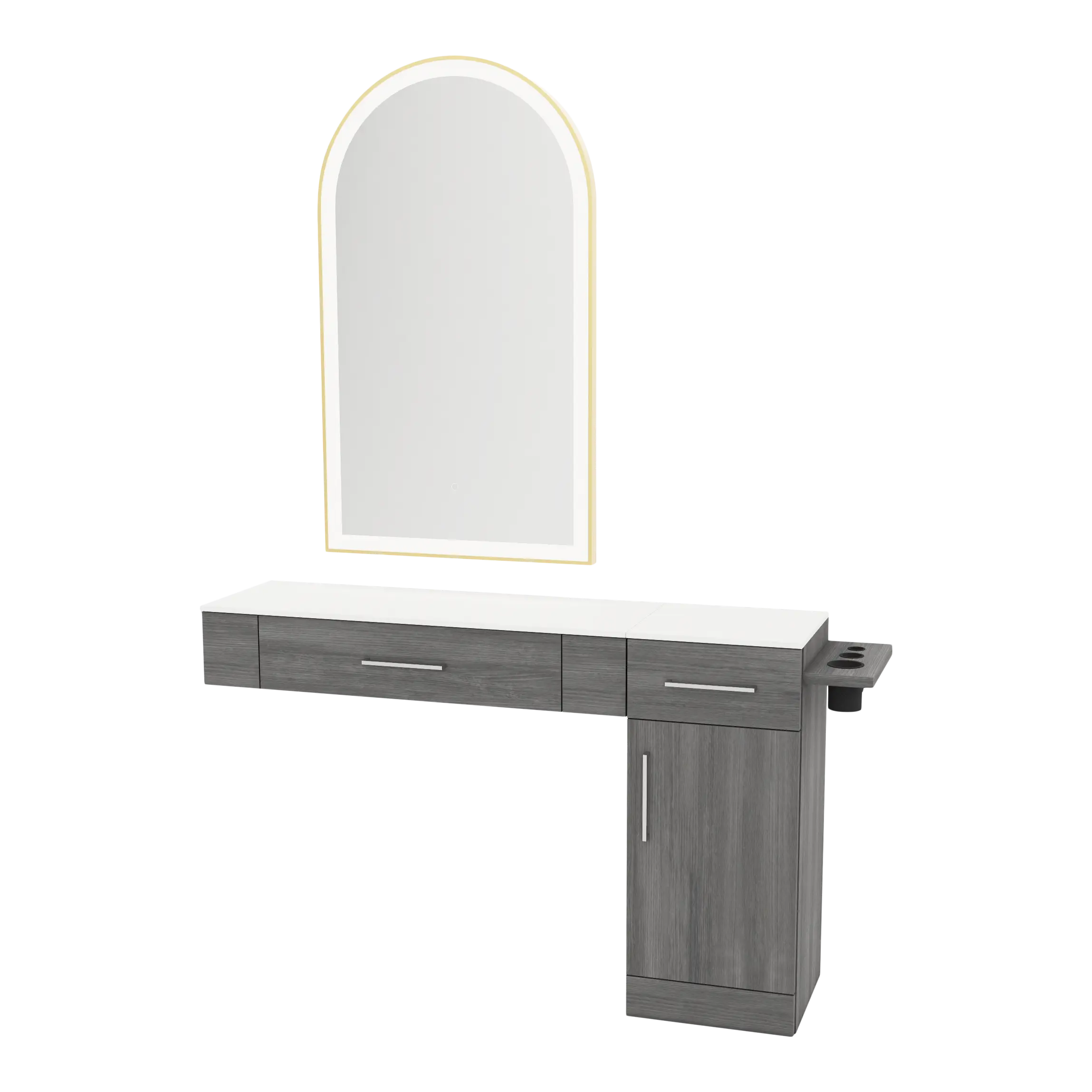 Nova Combo Wall Mount Styling Station with Side-Mount Appliance Holder, Solid Surface Countertop, and Gold Arch Paloma Mirror