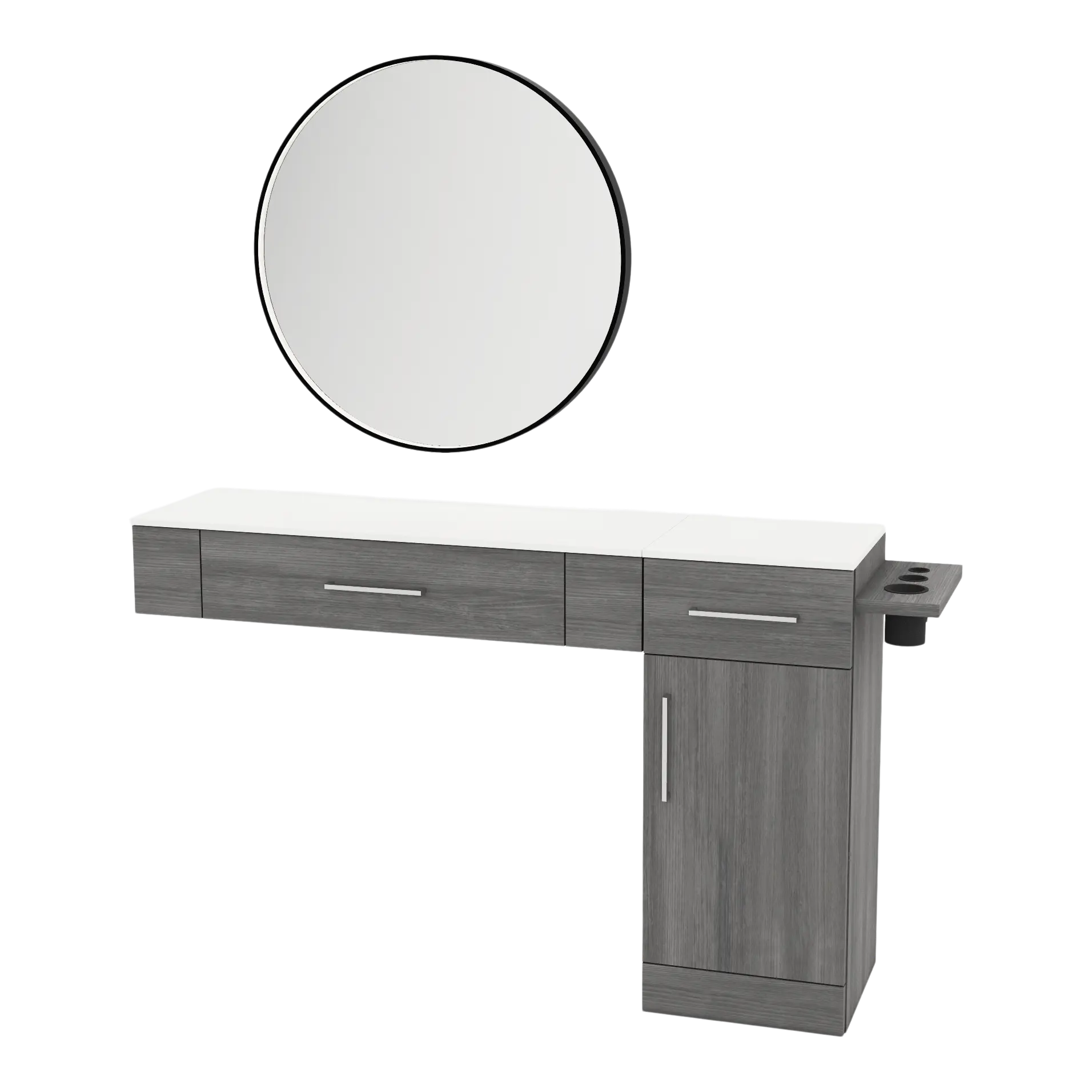 Nova Combo Wall Mount Styling Station with Side-Mount Appliance Holder, Solid Surface Countertop, and Black Round Westin Mirror