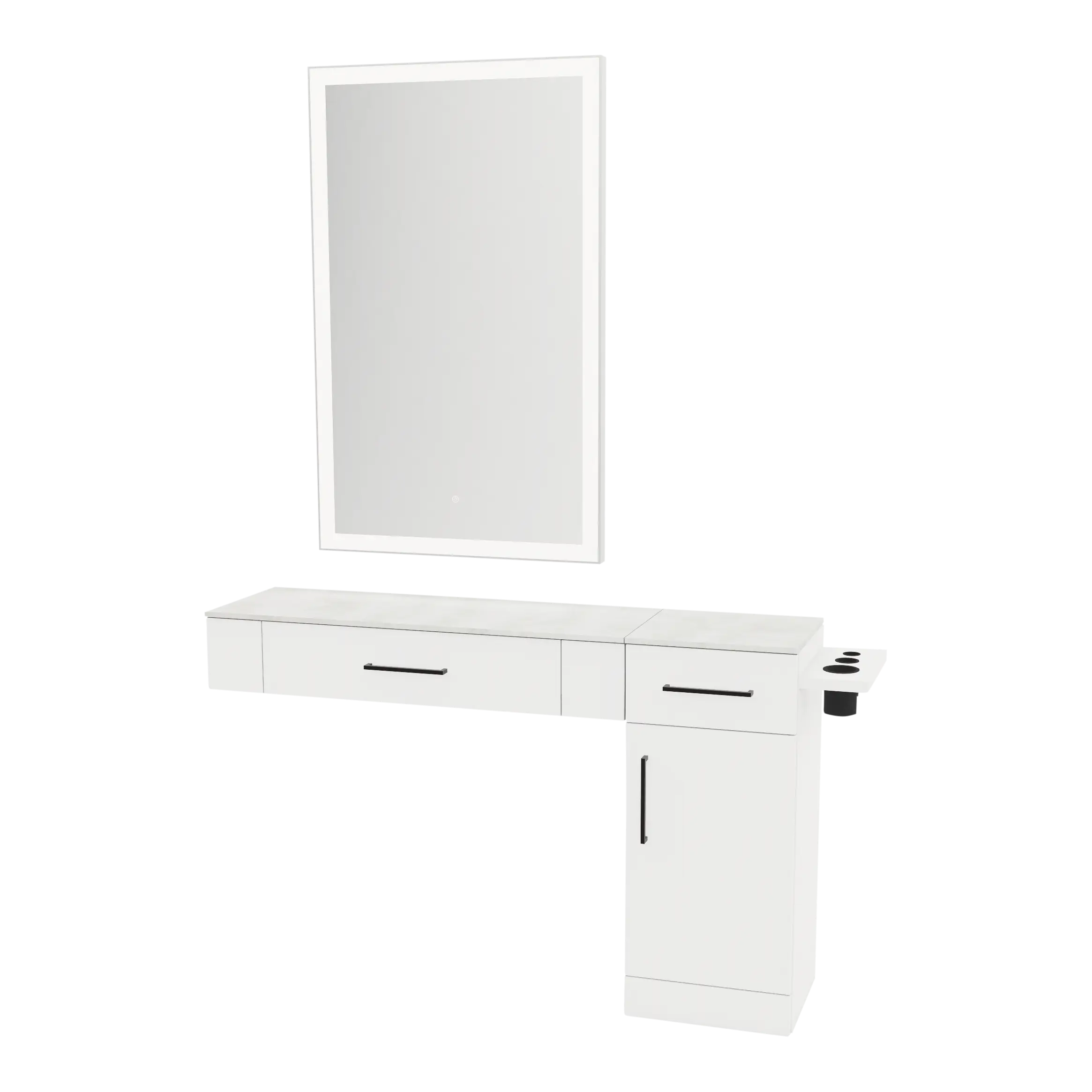 Nova Combo Wall Mount Styling Station with Side-Mount Appliance Holder, Solid Surface Countertop, and Silver Rectangle Glo Mirror