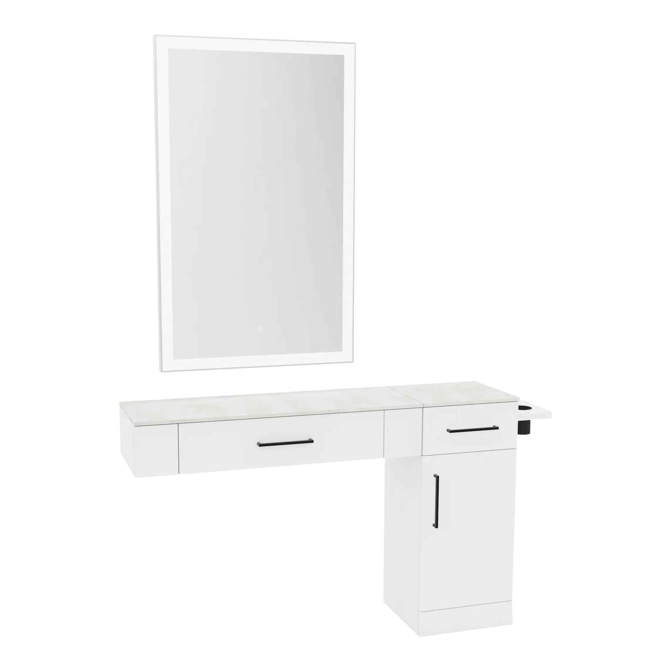 Nova Combo Wall Mount Styling Station with Side-Mount Appliance Holder, Solid Surface Countertop, and Silver Rectangle Glo Mirror