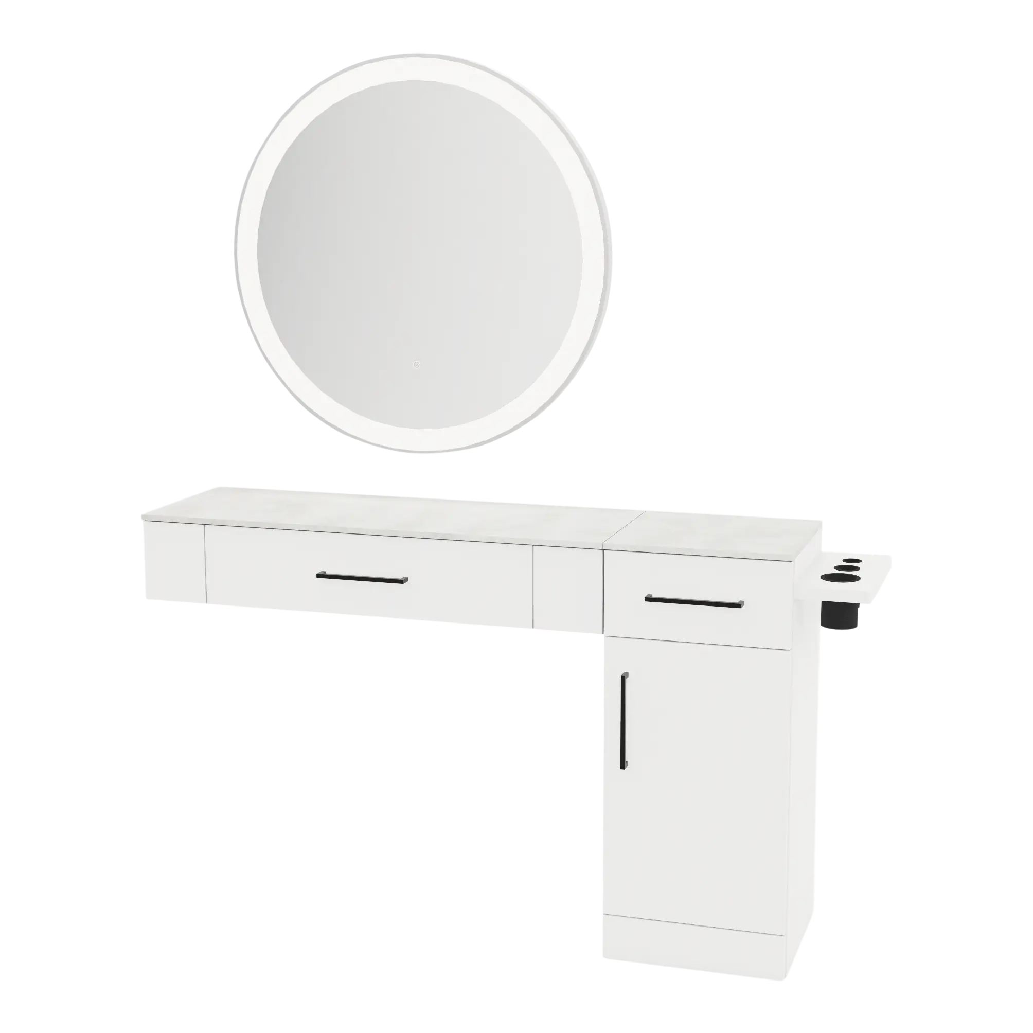 Nova Combo Wall Mount Styling Station with Side-Mount Appliance Holder, Solid Surface Countertop, and Silver Round Glo Mirror