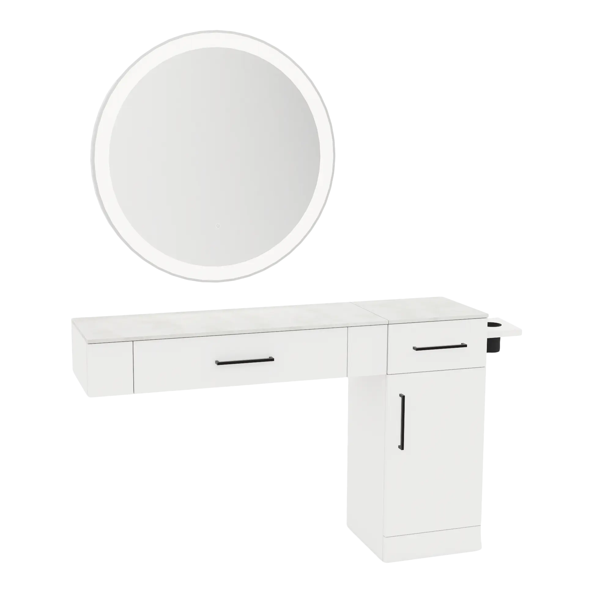 Nova Combo Wall Mount Styling Station with Side-Mount Appliance Holder, Solid Surface Countertop, and Silver Round Glo Mirror