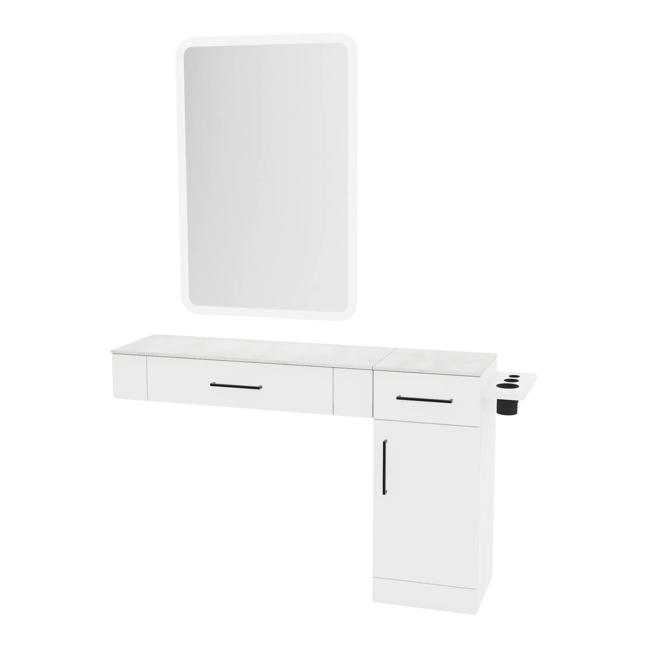 Nova Combo Wall Mount Styling Station with Side-Mount Appliance Holder, Solid Surface Countertop, and White Rectangle Illuminate Back Lit Mirror