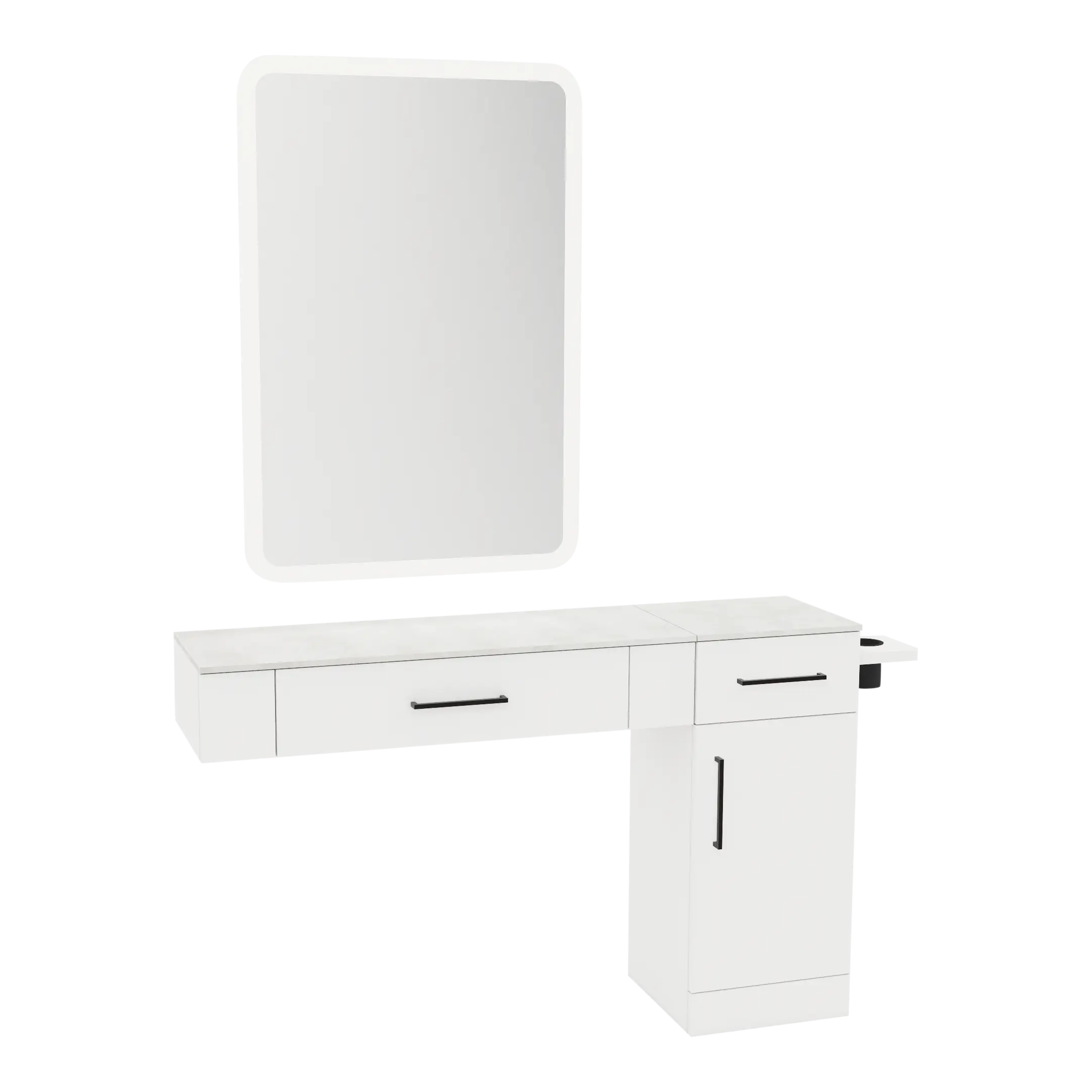 Nova Combo Wall Mount Styling Station with Side-Mount Appliance Holder, Solid Surface Countertop, and White Rectangle Illuminate Back Lit Mirror