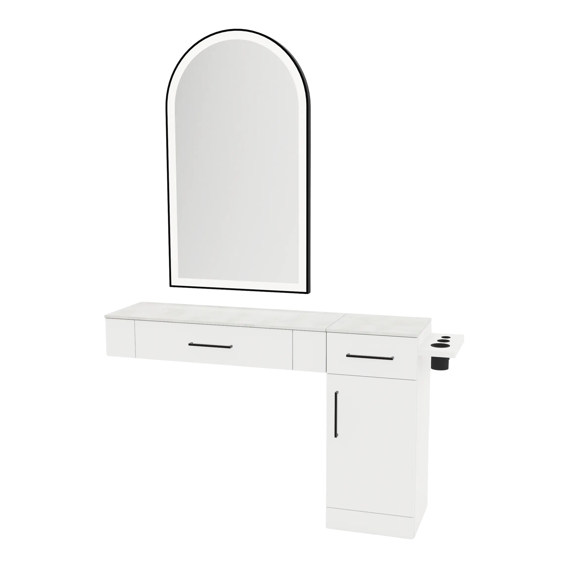 Nova Combo Wall Mount Styling Station with Side-Mount Appliance Holder, Solid Surface Countertop, and Black Arch Paloma Mirror