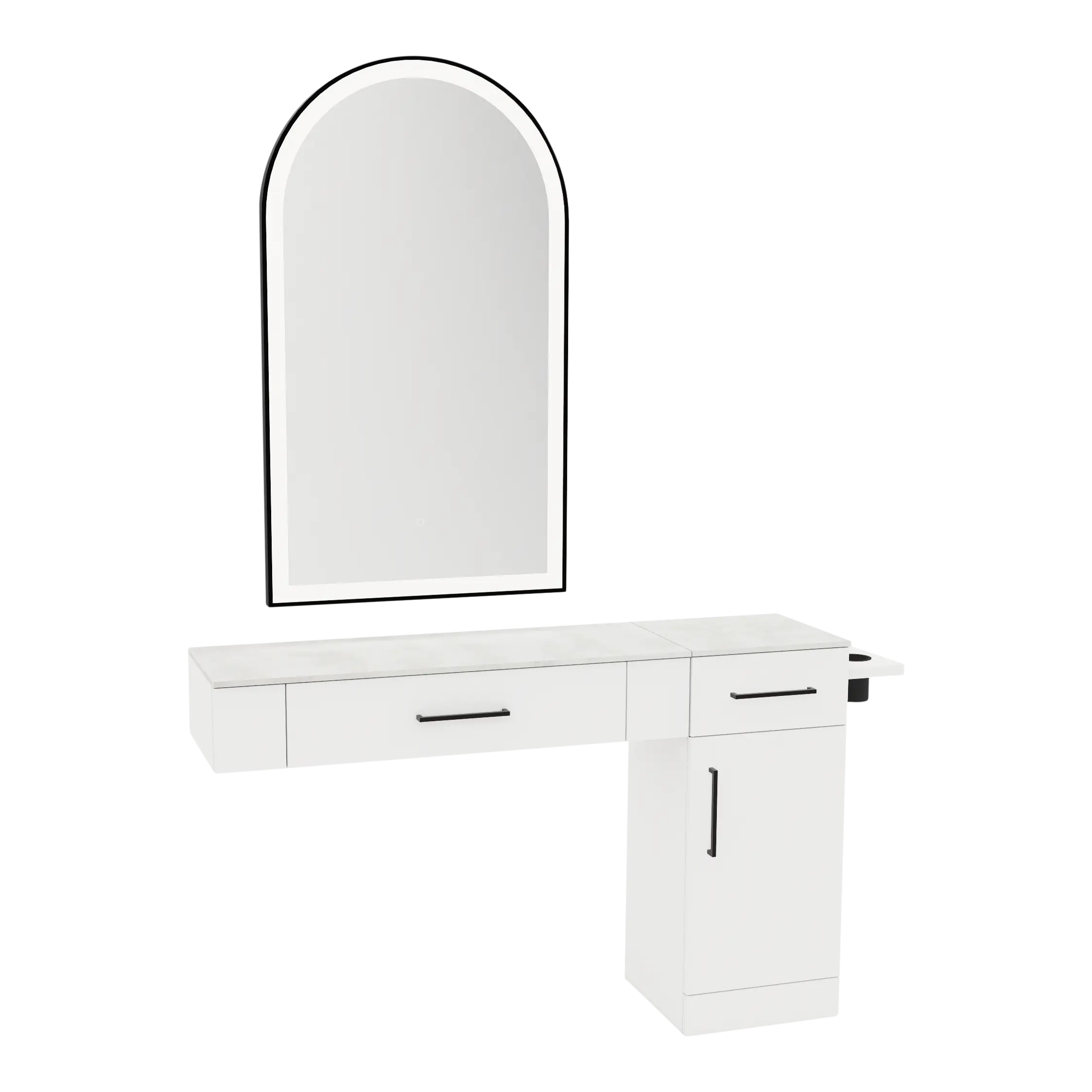 Nova Combo Wall Mount Styling Station with Side-Mount Appliance Holder, Solid Surface Countertop, and Black Arch Paloma Mirror