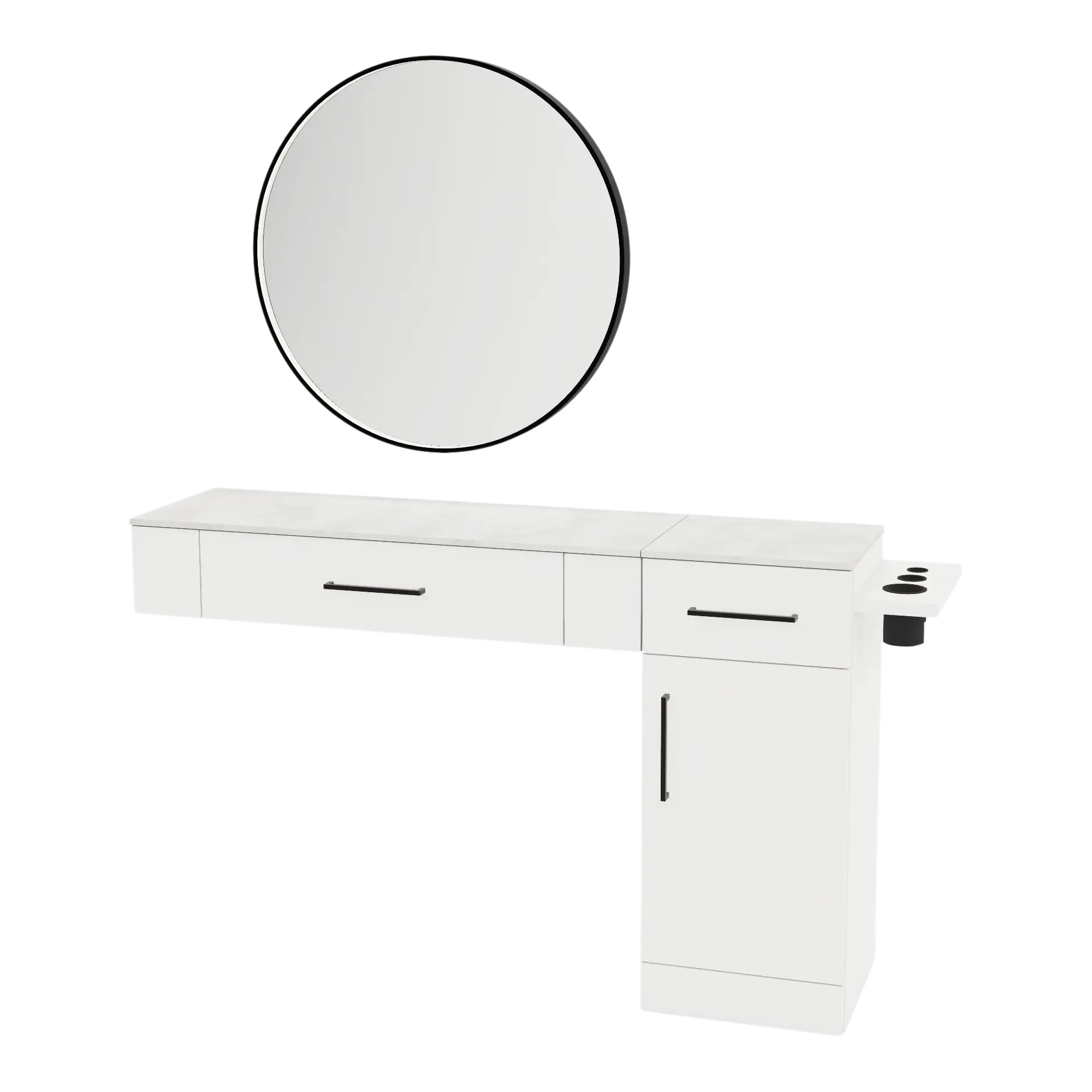 Nova Combo Wall Mount Styling Station with Side-Mount Appliance Holder, Solid Surface Countertop, and Black Round Westin Mirror