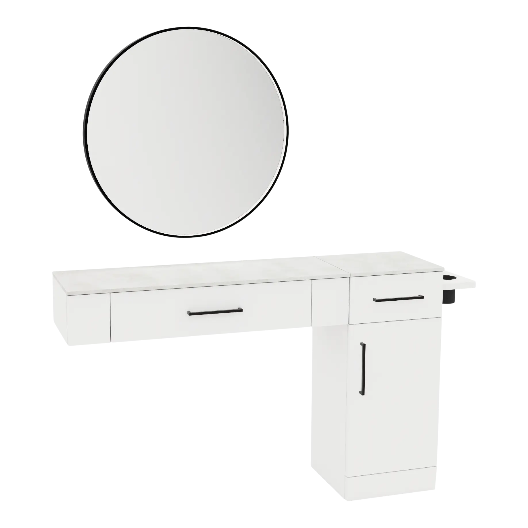 Nova Combo Wall Mount Styling Station with Side-Mount Appliance Holder, Solid Surface Countertop, and Black Round Westin Mirror