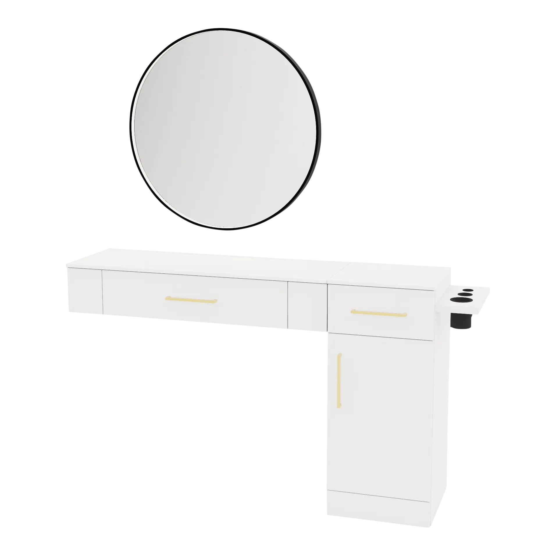 Nova Combo Wall Mount Styling Station with Side-Mount Appliance Holder, Solid Surface Countertop, and Black Round Westin Mirror