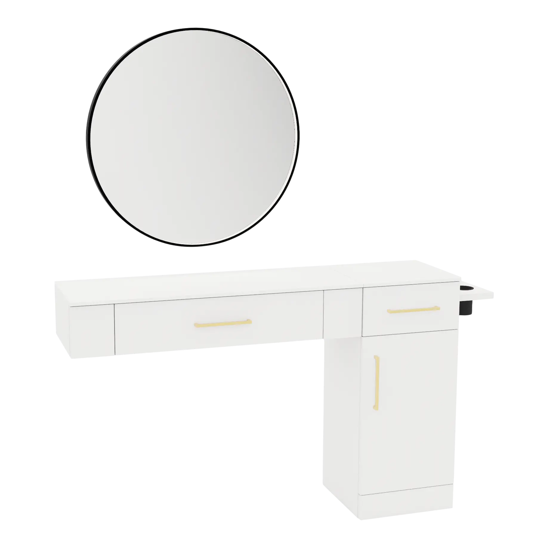 Nova Combo Wall Mount Styling Station with Side-Mount Appliance Holder, Solid Surface Countertop, and Black Round Westin Mirror