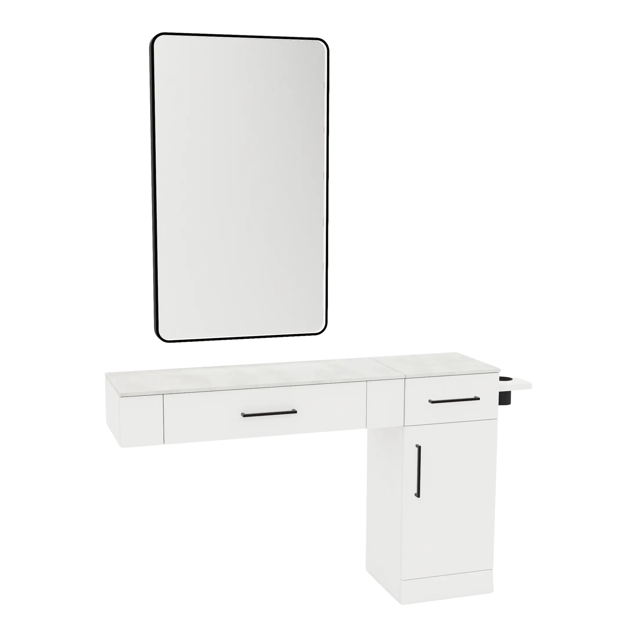 Nova Combo Wall Mount Styling Station with Side-Mount Appliance Holder, Solid Surface Countertop, and Black Rectangle Westin Mirror