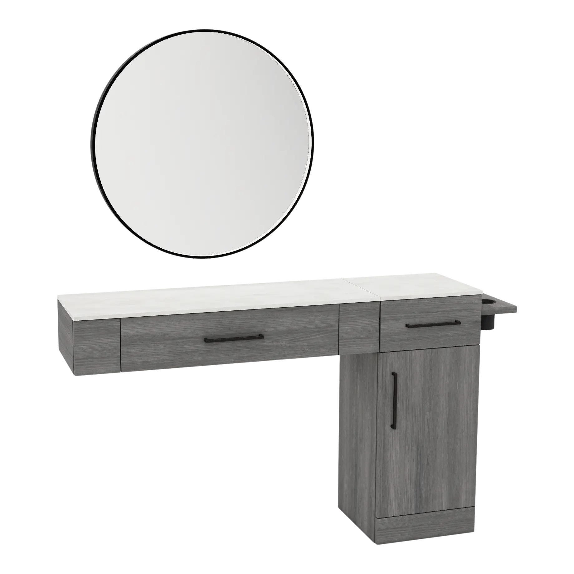 Nova Combo Wall Mount Styling Station with Side-Mount Appliance Holder, Solid Surface Countertop, and Black Round Westin Mirror