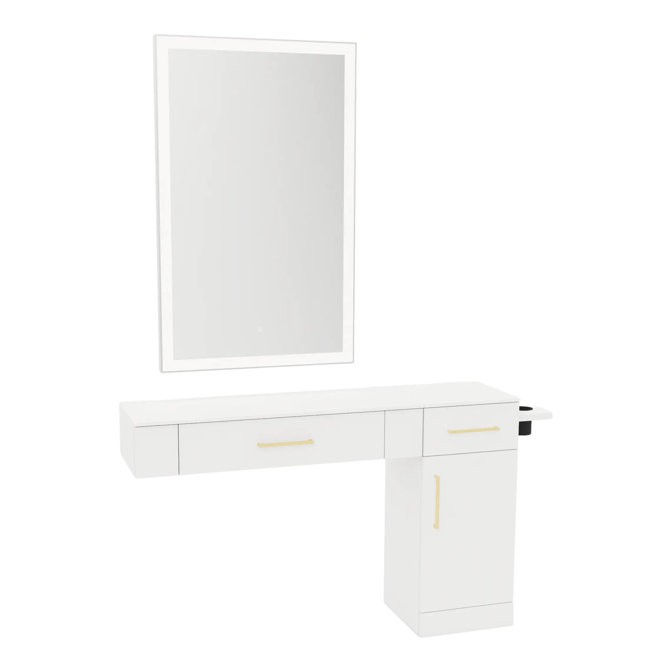 Nova Combo Wall Mount Styling Station with Side-Mount Appliance Holder, Solid Surface Countertop, and Silver Rectangle Glo Mirror