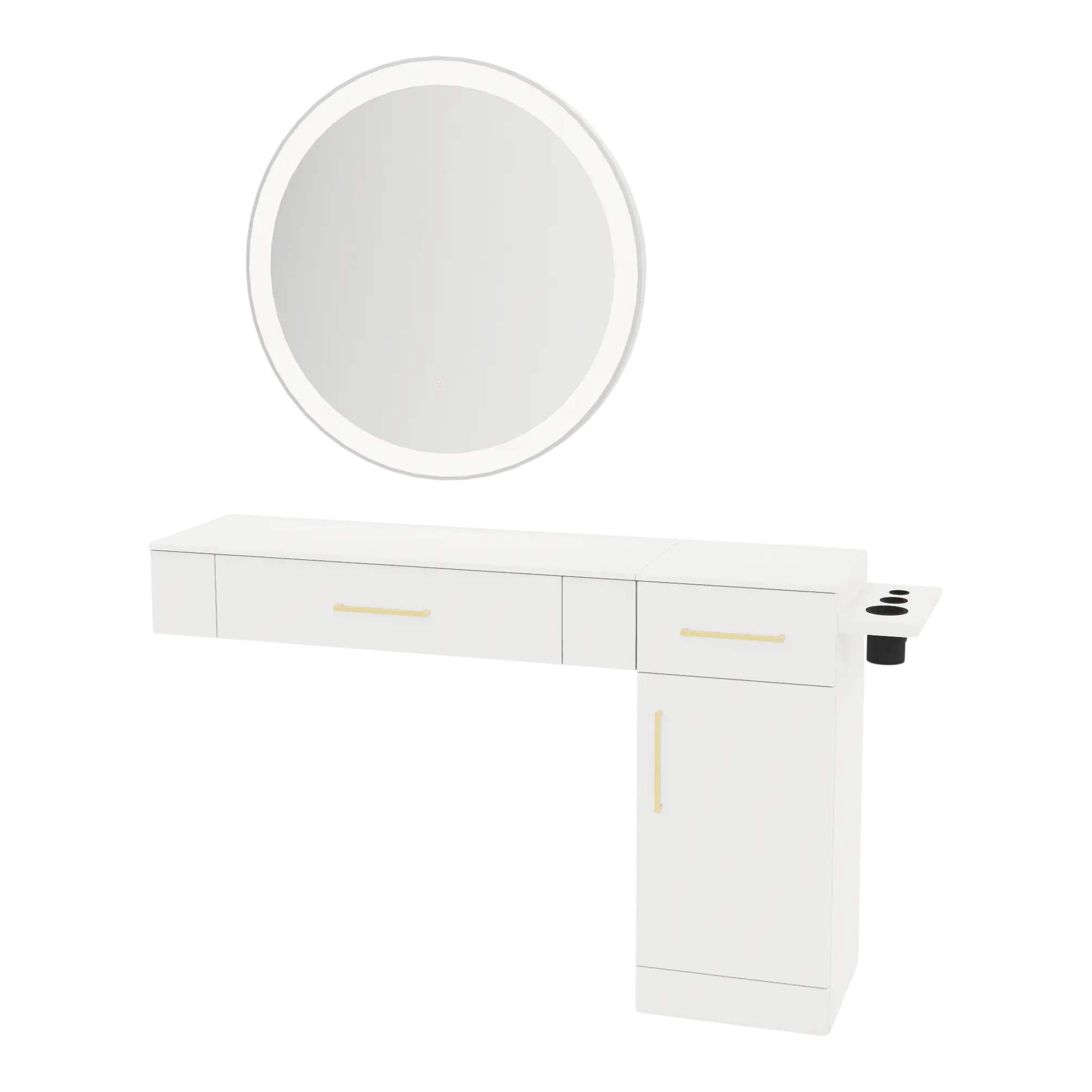 Nova Combo Wall Mount Styling Station with Side-Mount Appliance Holder, Solid Surface Countertop, and Silver Round Glo Mirror