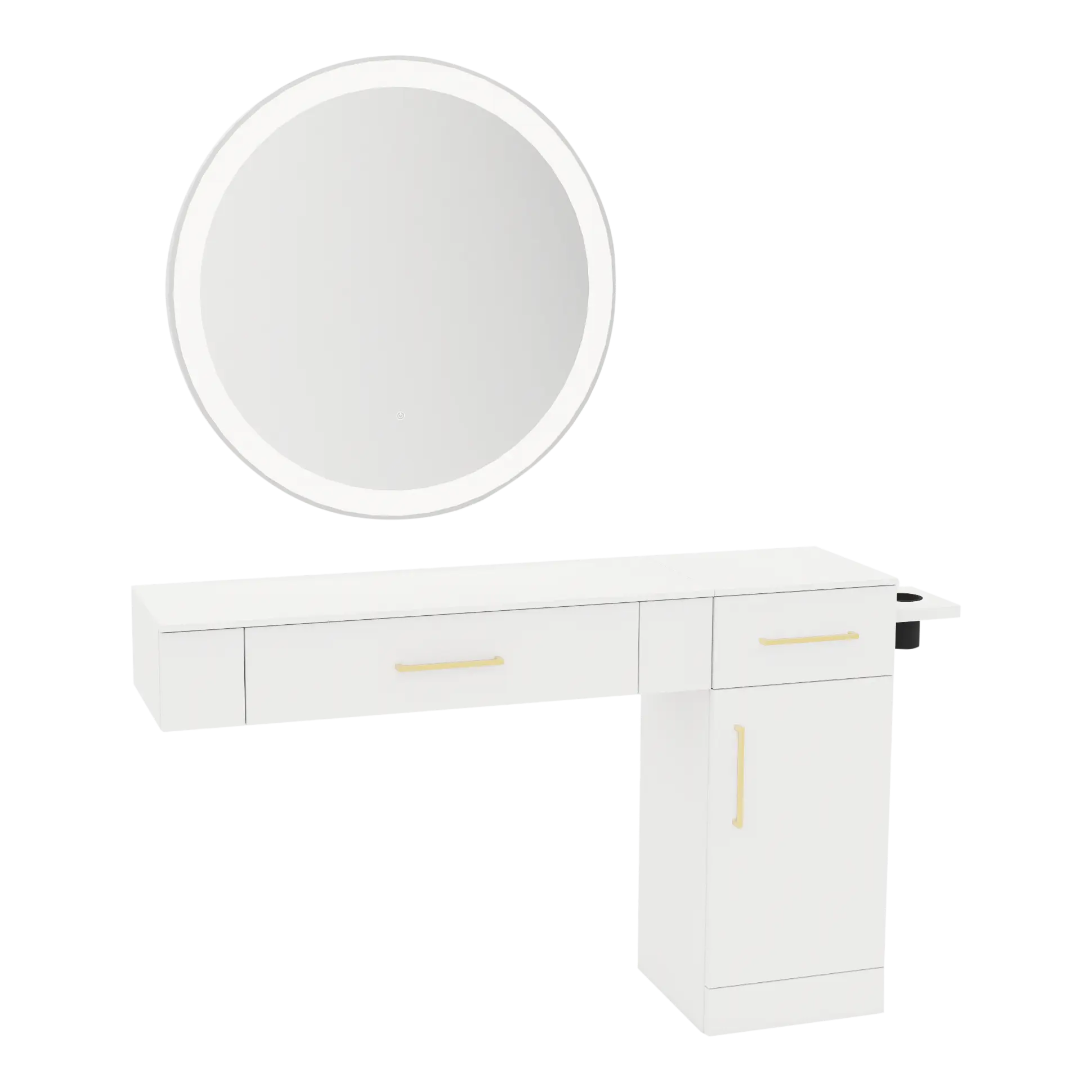 Nova Combo Wall Mount Styling Station with Side-Mount Appliance Holder, Solid Surface Countertop, and Silver Round Glo Mirror